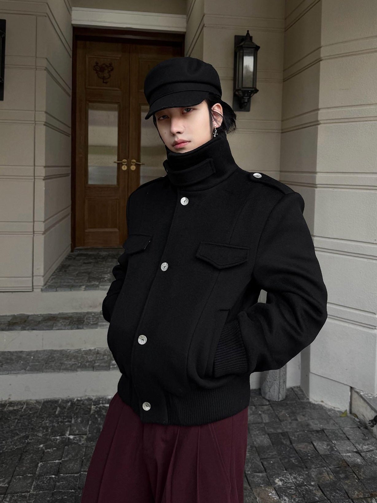 BALITONE Embroidered 3D Detail Relaxed Fit Stand Collar Unisex Black Wool Jackets