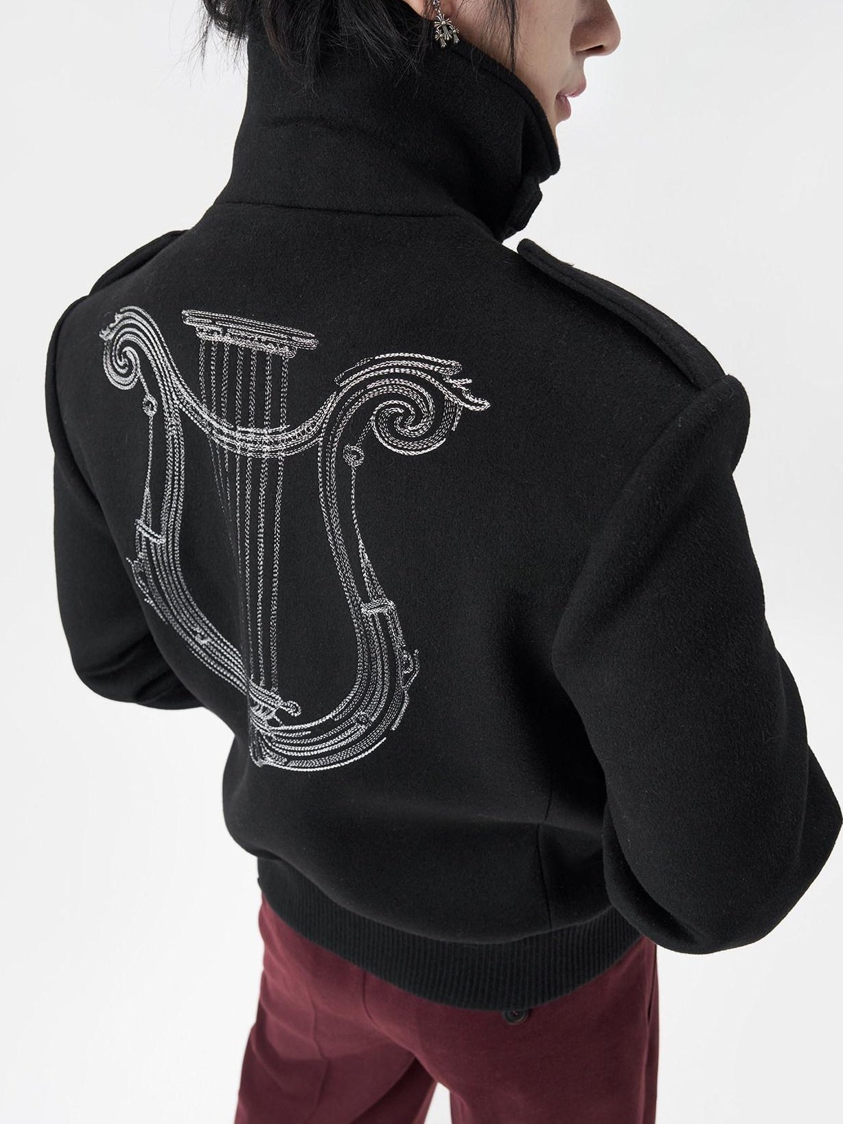 BALITONE Embroidered 3D Detail Relaxed Fit Stand Collar Unisex Black Wool Jackets