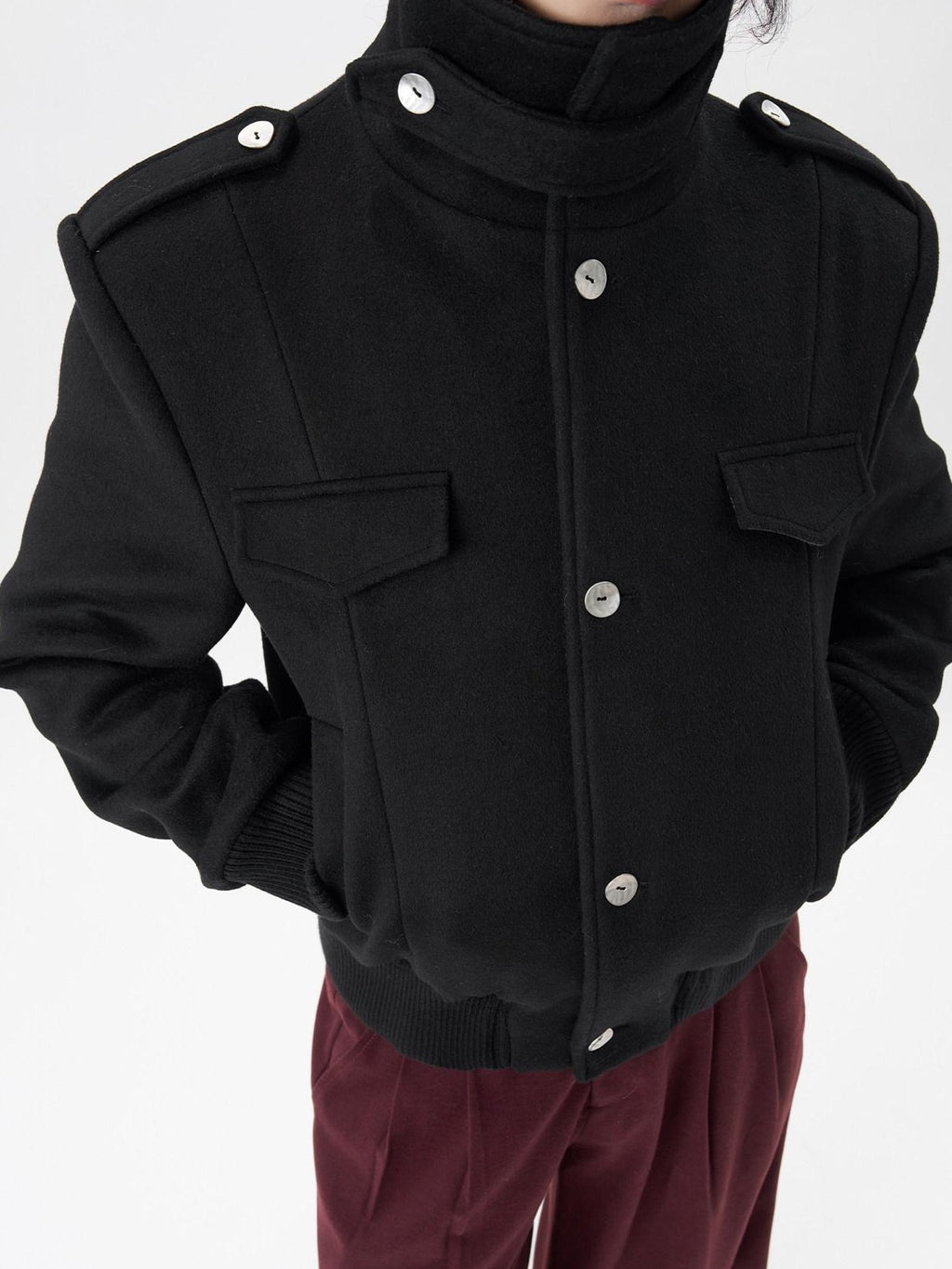 BALITONE Embroidered 3D Detail Relaxed Fit Stand Collar Unisex Black Wool Jackets
