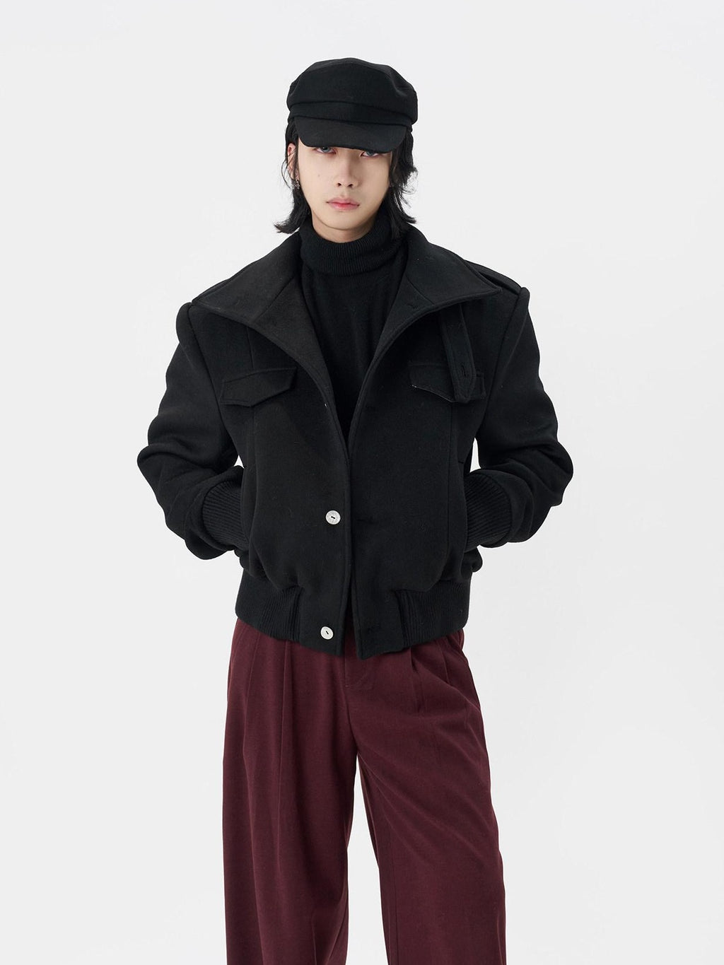 BALITONE Embroidered 3D Detail Relaxed Fit Stand Collar Unisex Black Wool Jackets