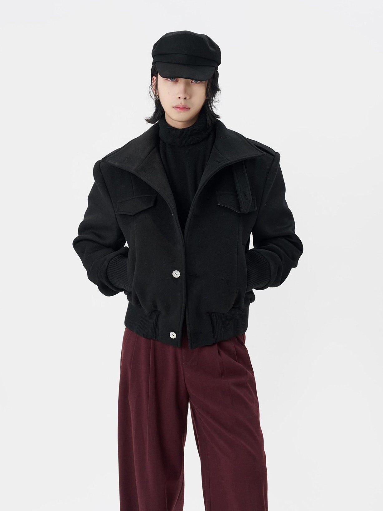 BALITONE Embroidered 3D Detail Relaxed Fit Stand Collar Unisex Black Wool Jackets