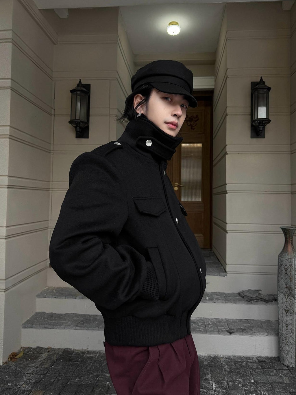 BALITONE Embroidered 3D Detail Relaxed Fit Stand Collar Unisex Black Wool Jackets