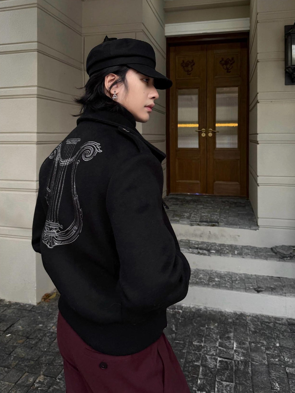 BALITONE Embroidered 3D Detail Relaxed Fit Stand Collar Unisex Black Wool Jackets