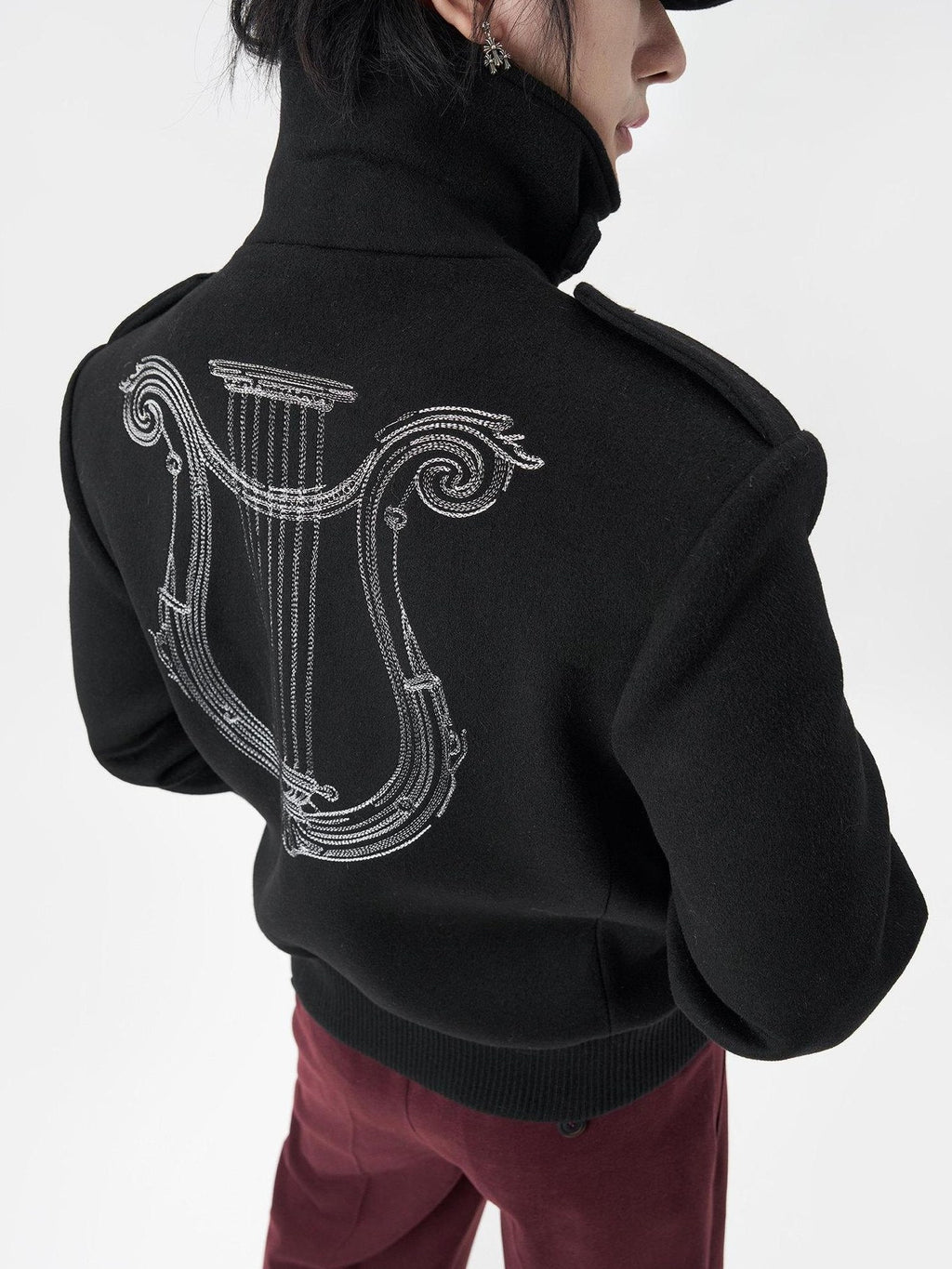 BALITONE Embroidered 3D Detail Relaxed Fit Stand Collar Unisex Black Wool Jackets