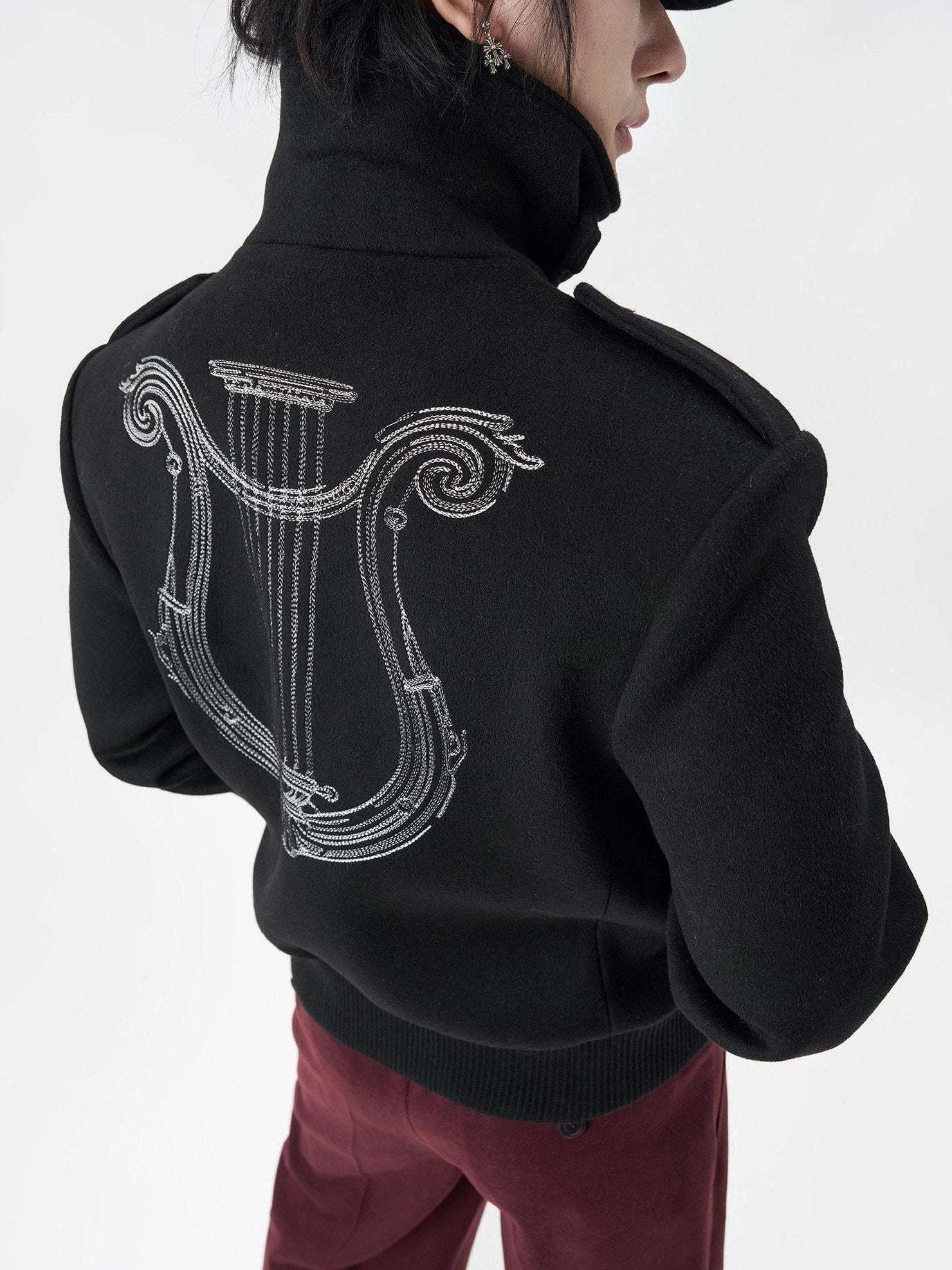 BALITONE Embroidered 3D Detail Relaxed Fit Stand Collar Unisex Black Wool Jackets