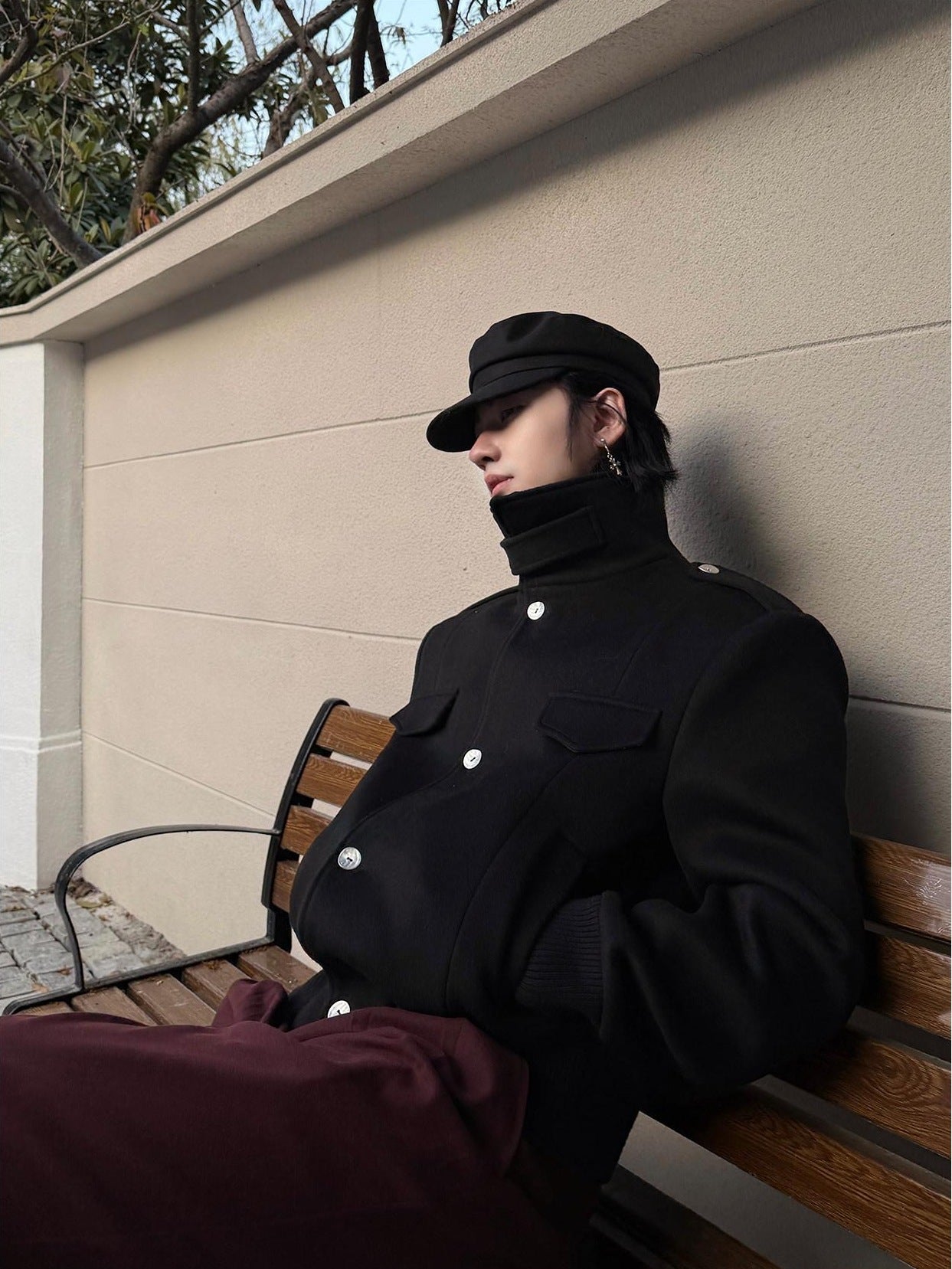 BALITONE Embroidered 3D Detail Relaxed Fit Stand Collar Unisex Black Wool Jackets