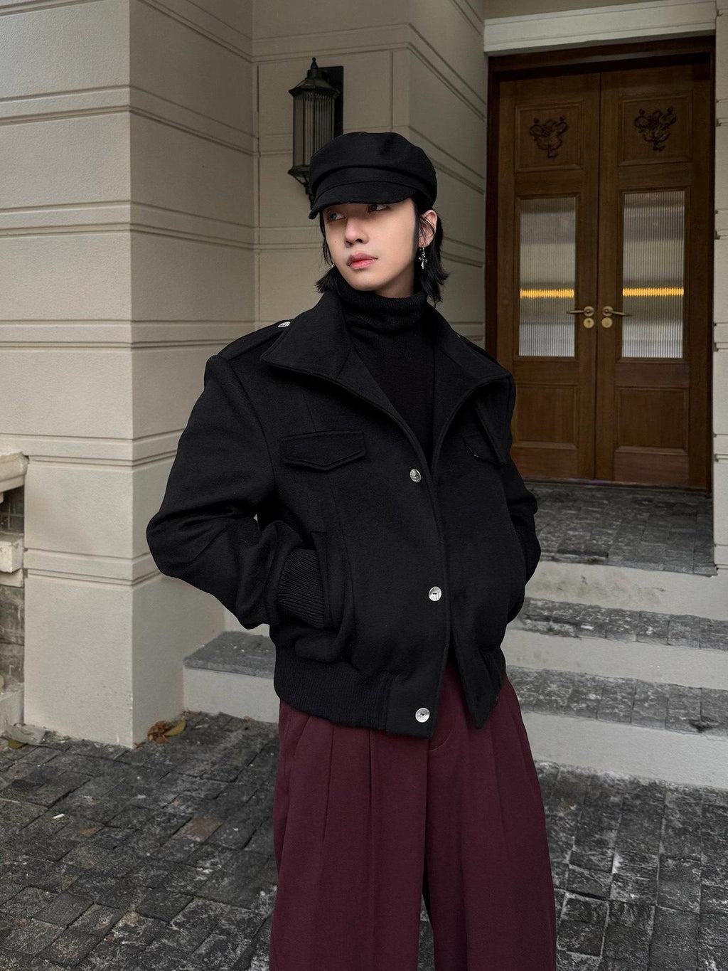 BALITONE Embroidered 3D Detail Relaxed Fit Stand Collar Unisex Black Wool Jackets