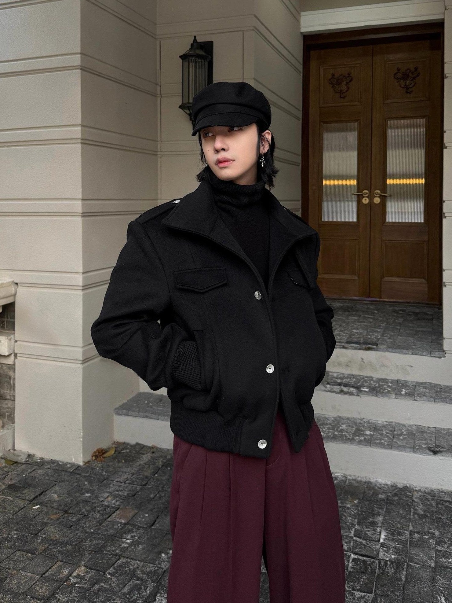 BALITONE Embroidered 3D Detail Relaxed Fit Stand Collar Unisex Black Wool Jackets