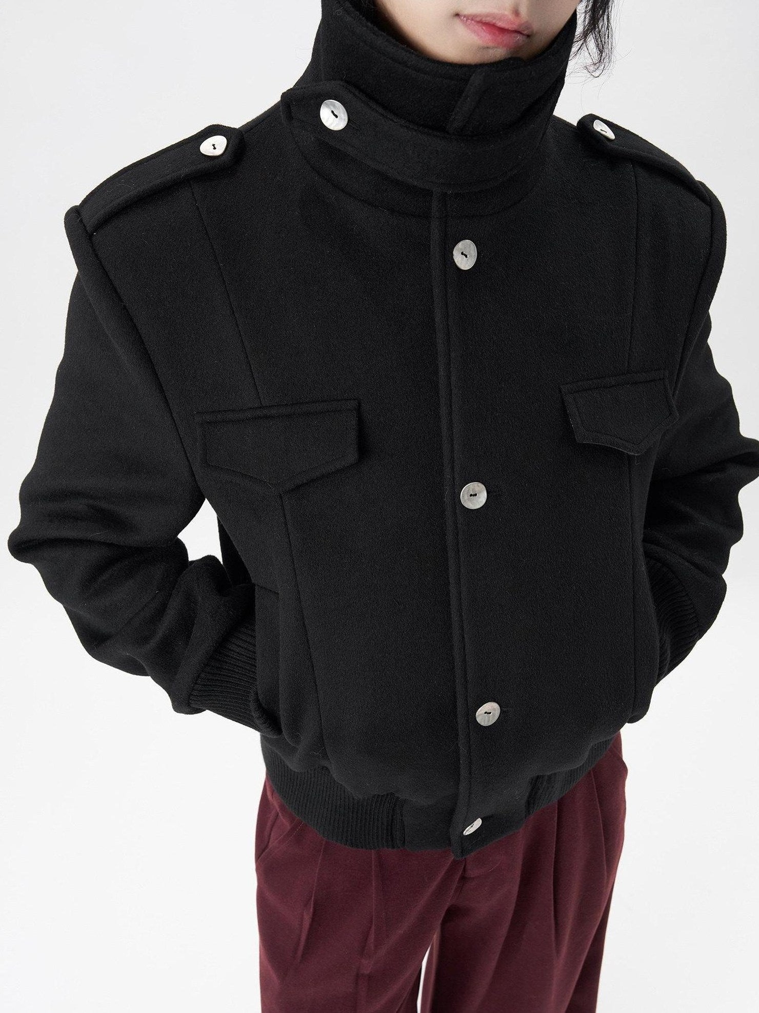BALITONE Embroidered 3D Detail Relaxed Fit Stand Collar Unisex Black Wool Jackets