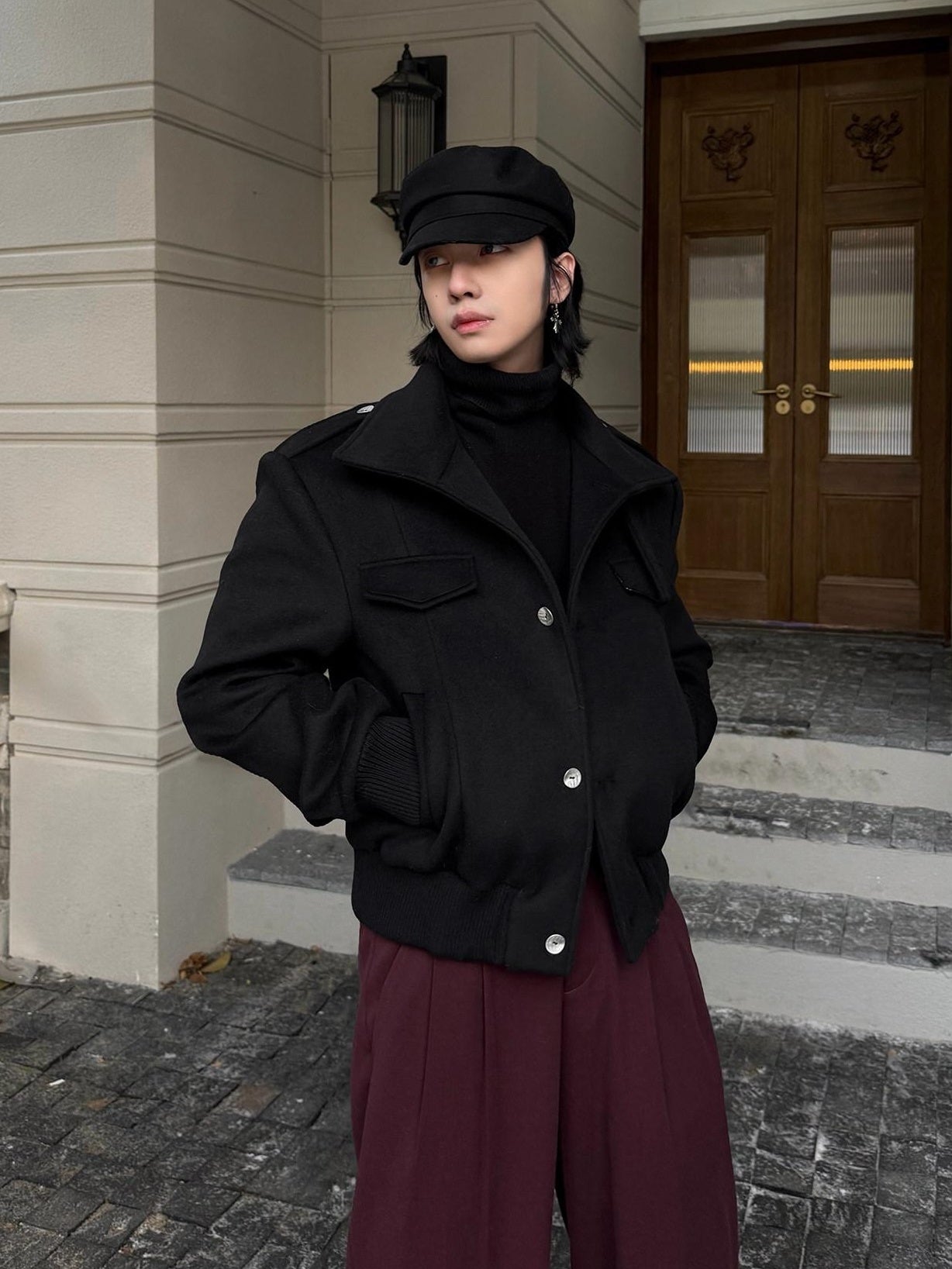 BALITONE Embroidered 3D Detail Relaxed Fit Stand Collar Unisex Black Wool Jackets
