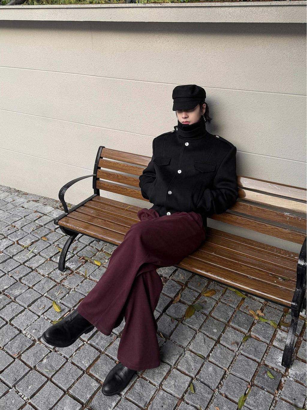 BALITONE Embroidered 3D Detail Relaxed Fit Stand Collar Unisex Black Wool Jackets