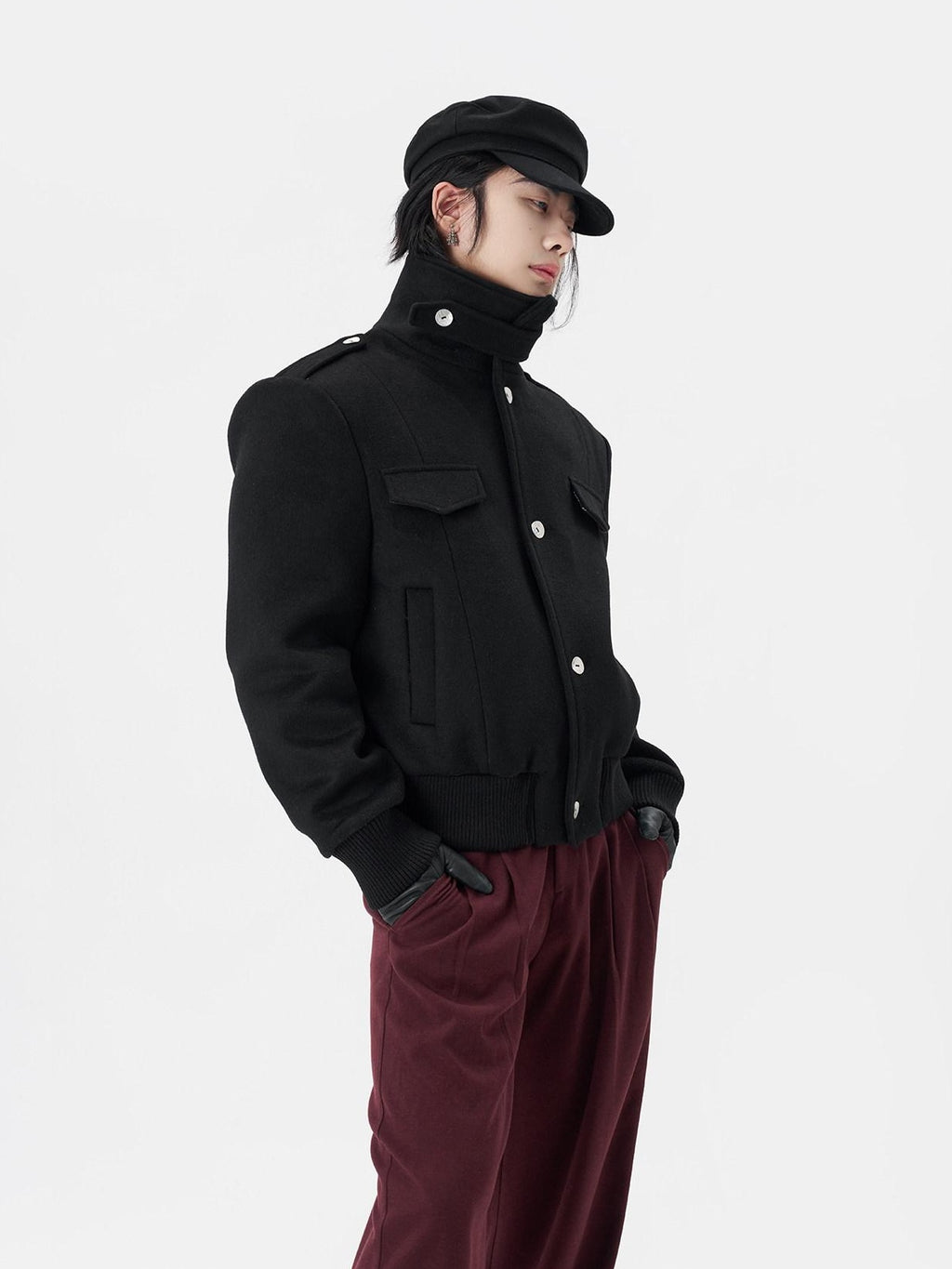 BALITONE Embroidered 3D Detail Relaxed Fit Stand Collar Unisex Black Wool Jackets