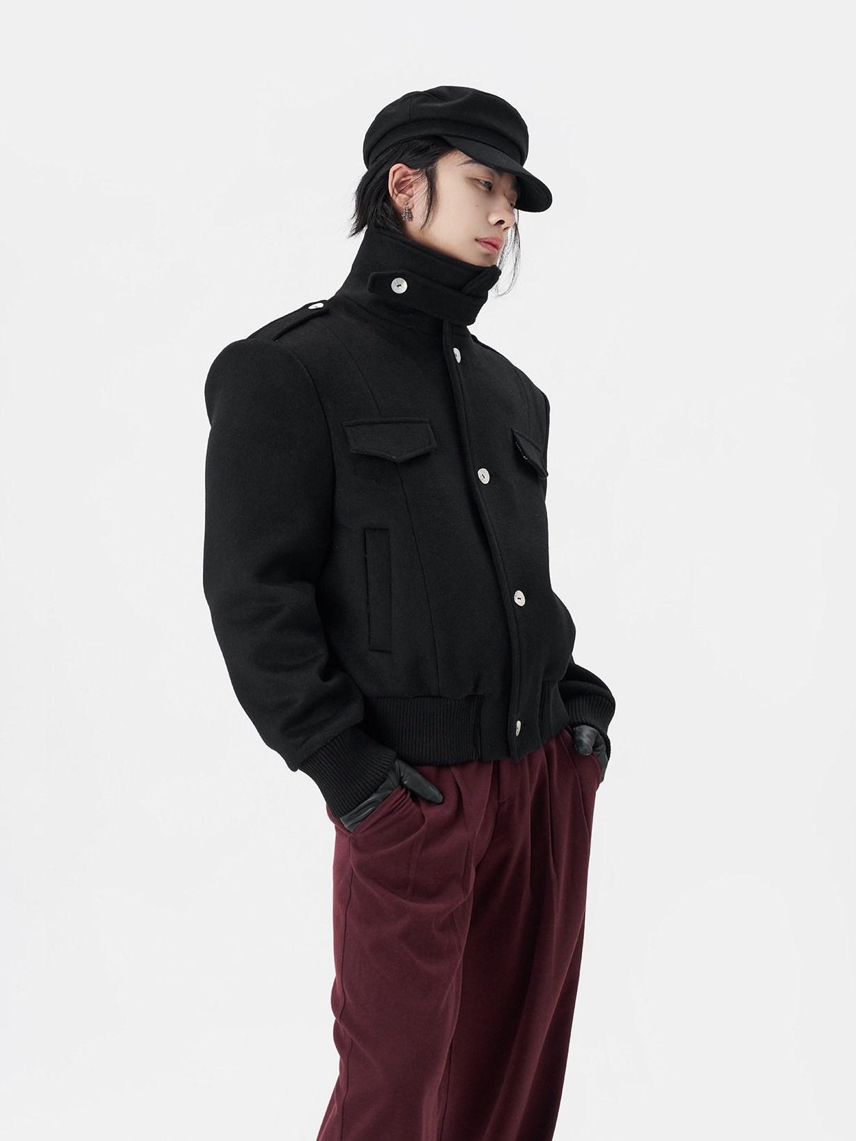 BALITONE Embroidered 3D Detail Relaxed Fit Stand Collar Unisex Black Wool Jackets