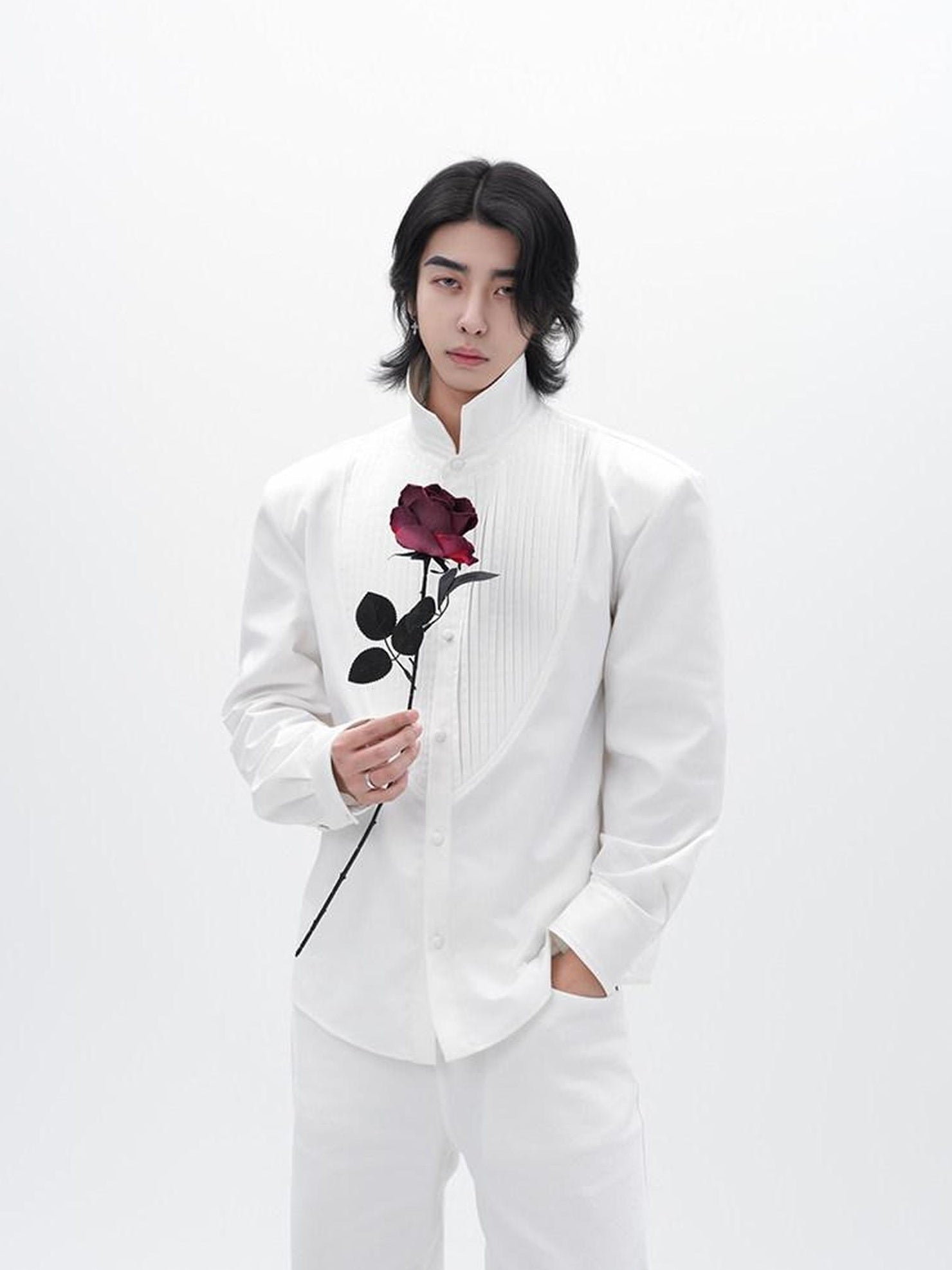 BALITONE Embroidered Collar Elegant Longline Unisex Poly Cotton Button Band-Collar Shirts