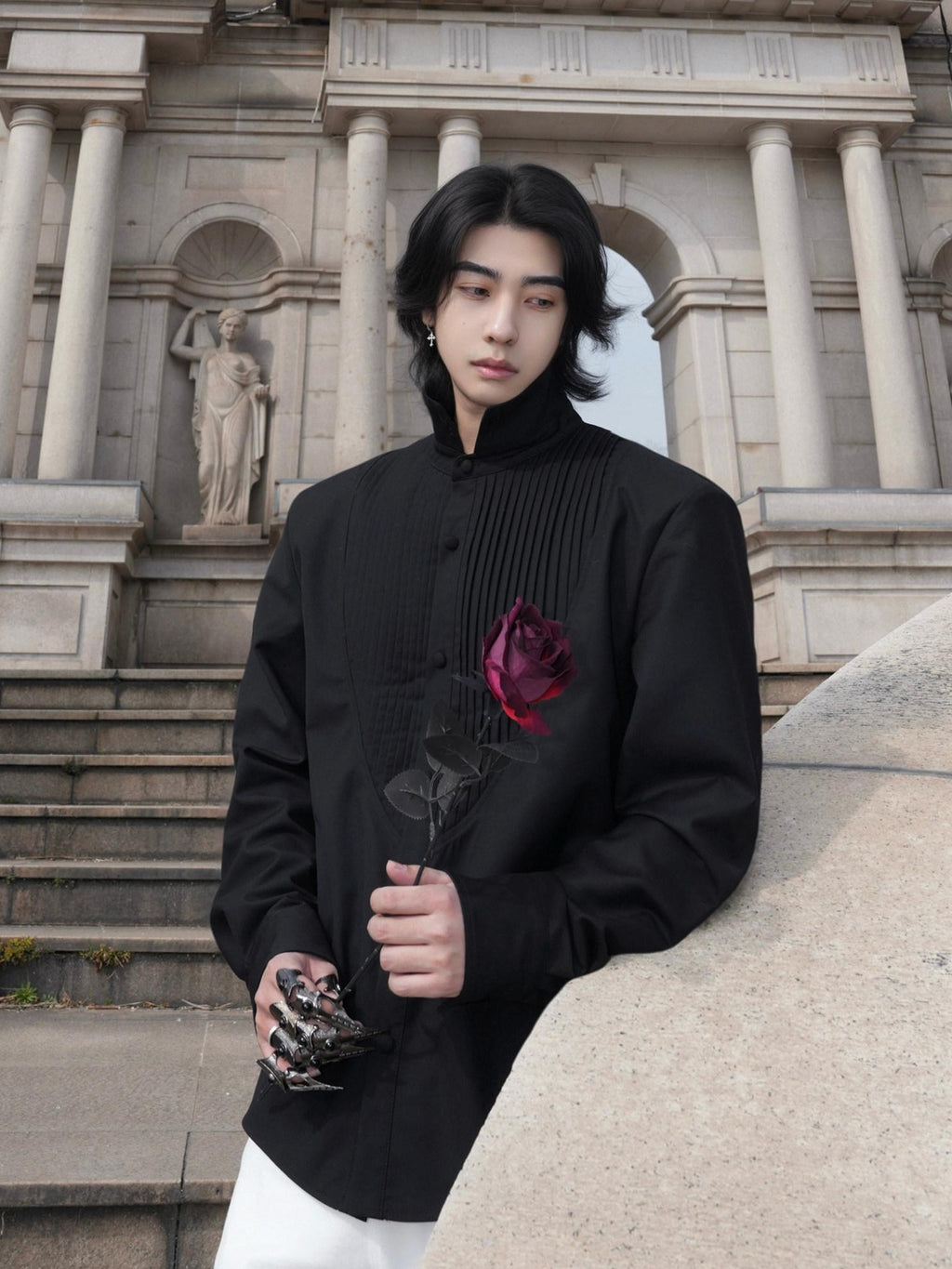 BALITONE Embroidered Collar Elegant Longline Unisex Poly Cotton Button Band-Collar Shirts