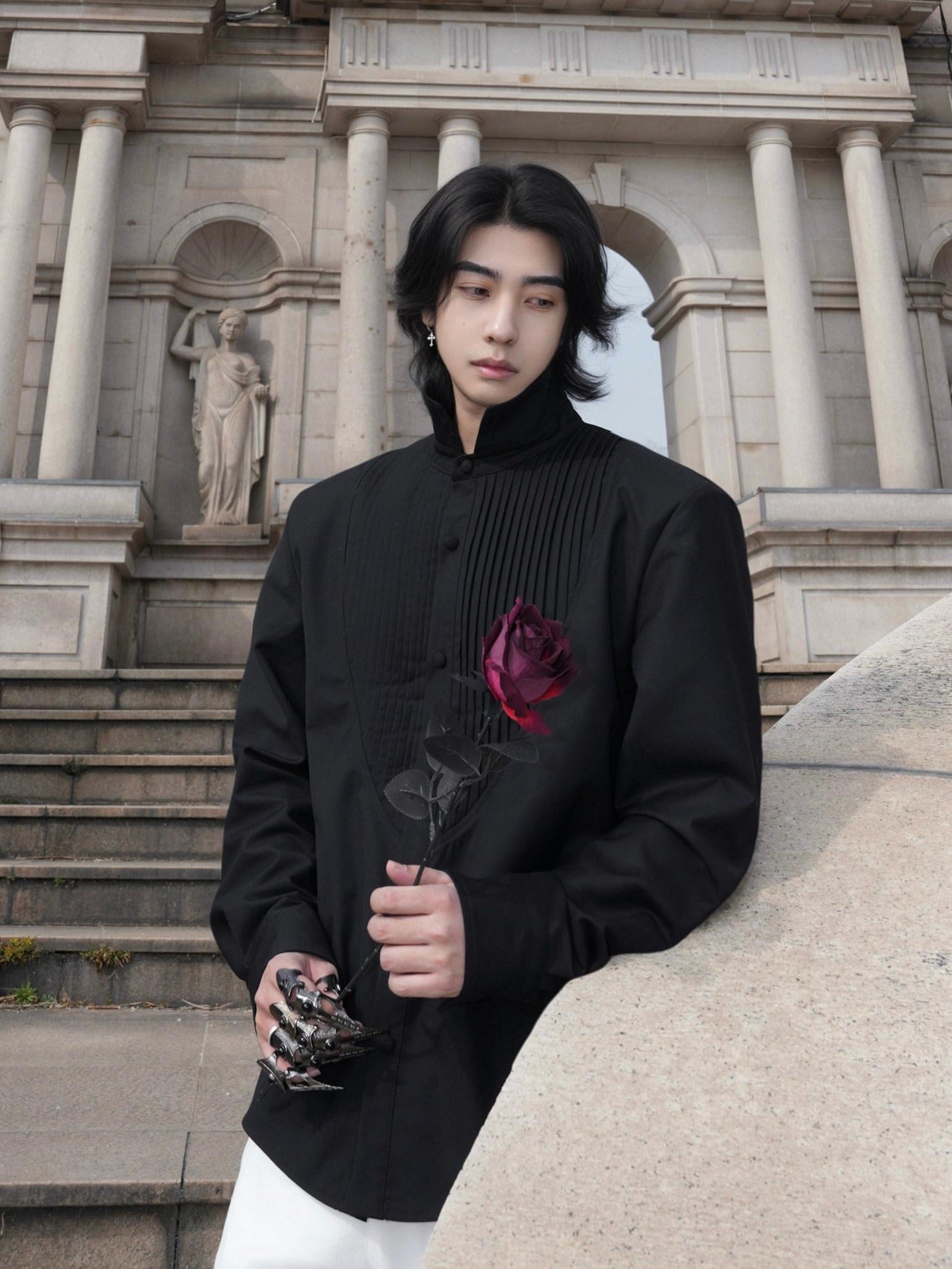 BALITONE Embroidered Collar Elegant Longline Unisex Poly Cotton Button Band-Collar Shirts