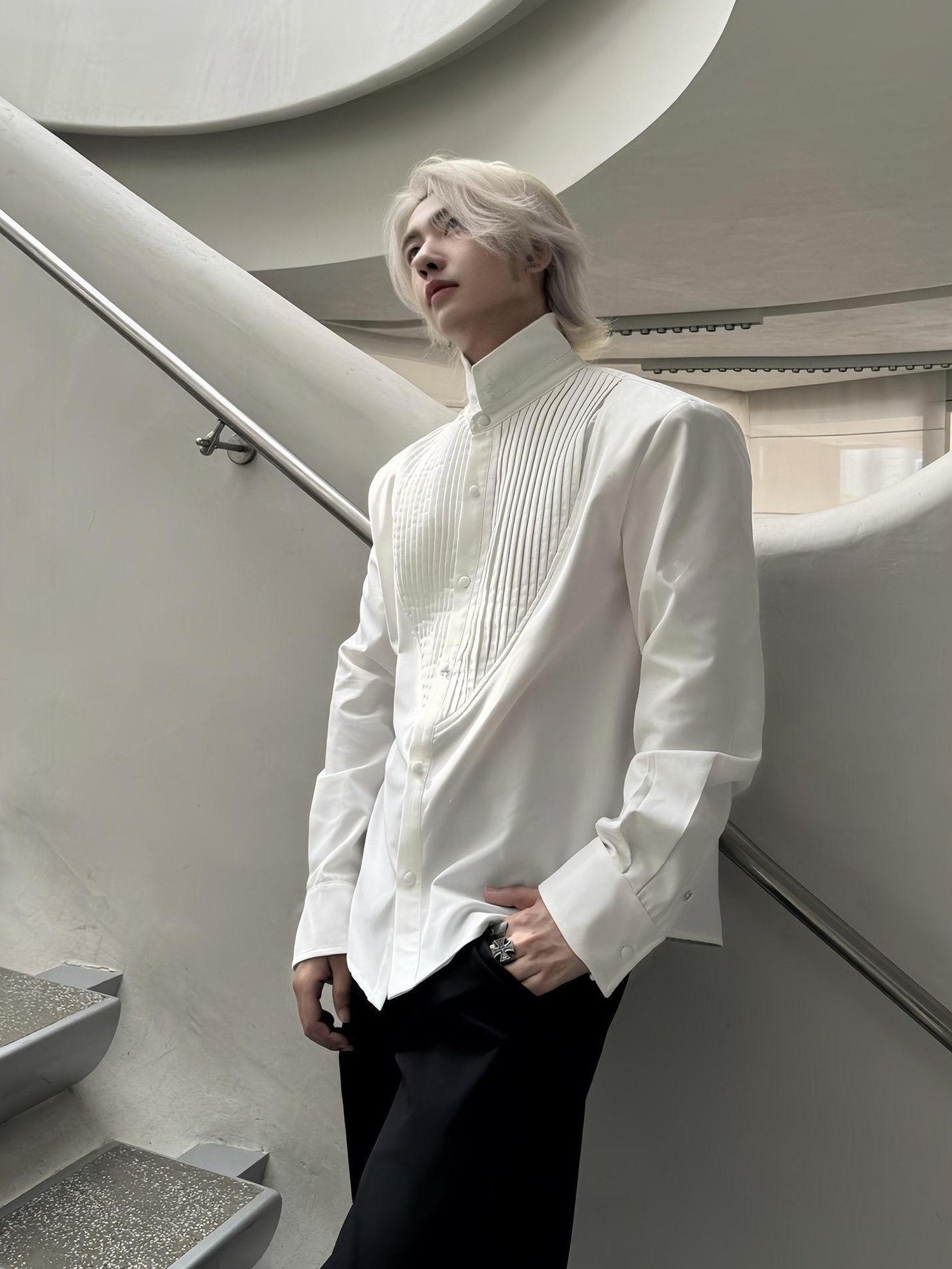 BALITONE Embroidered Collar Elegant Longline Unisex Poly Cotton Button Band-Collar Shirts