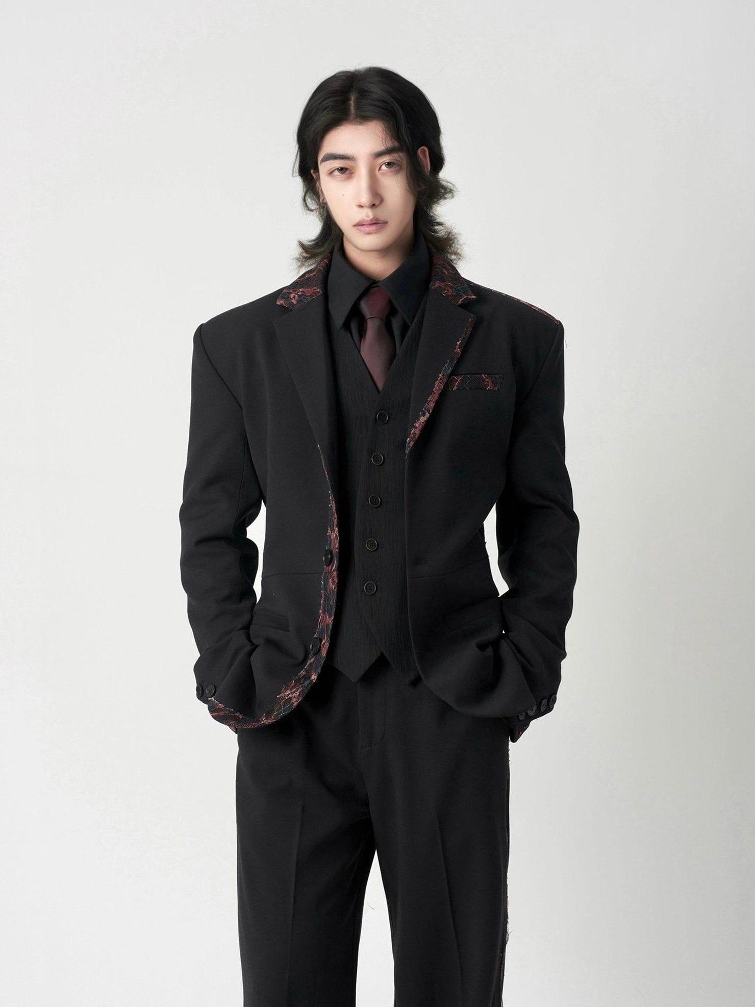 BALITONE Embroidered Patchwork Loose Fit Luxe Mens Casual Black Blazer & Trousers Sets