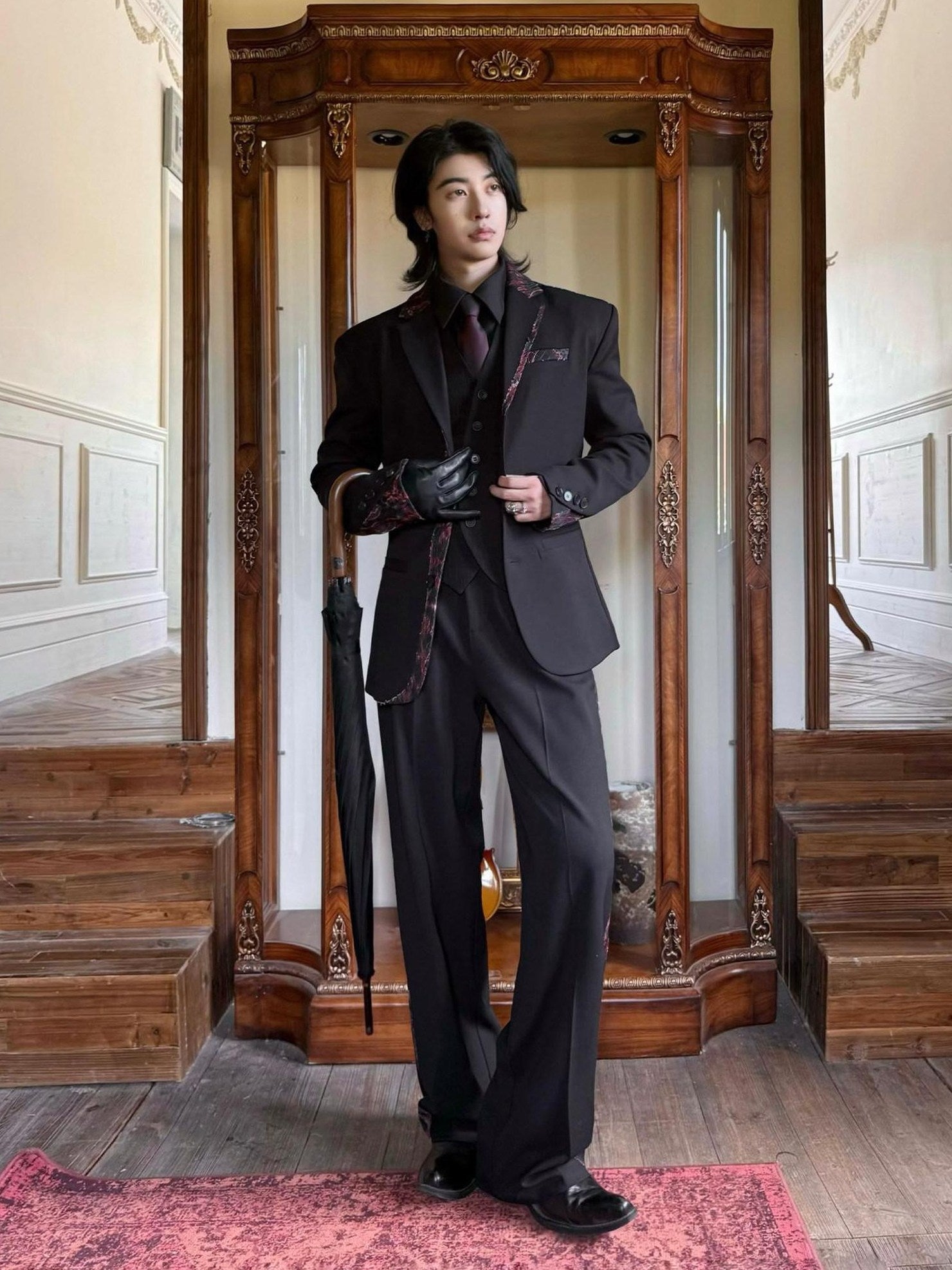 BALITONE Embroidered Patchwork Loose Fit Luxe Mens Casual Black Blazer & Trousers Sets