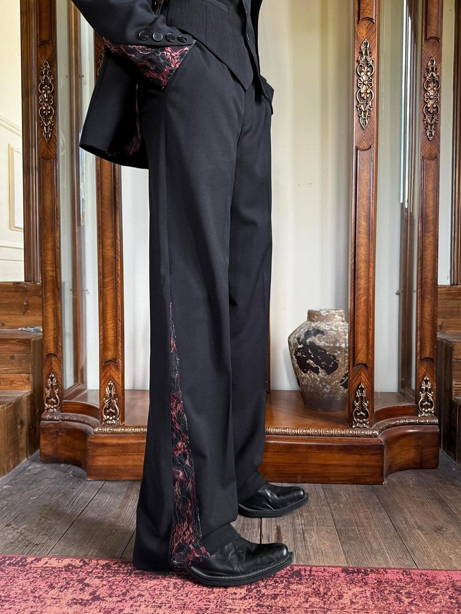 BALITONE Embroidered Patchwork Loose Fit Luxe Mens Casual Black Blazer & Trousers Sets