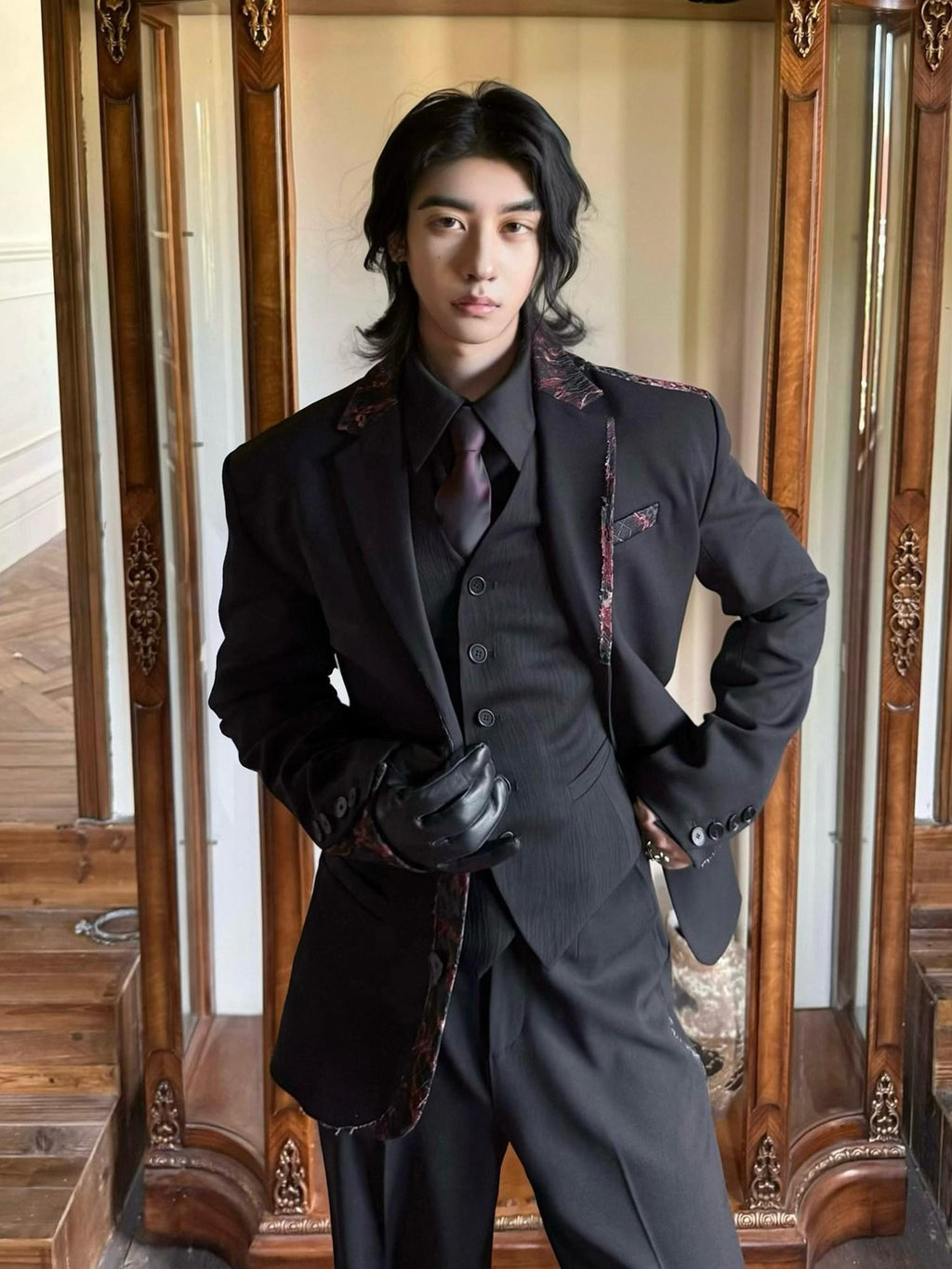 BALITONE Embroidered Patchwork Loose Fit Luxe Mens Casual Black Blazer & Trousers Sets