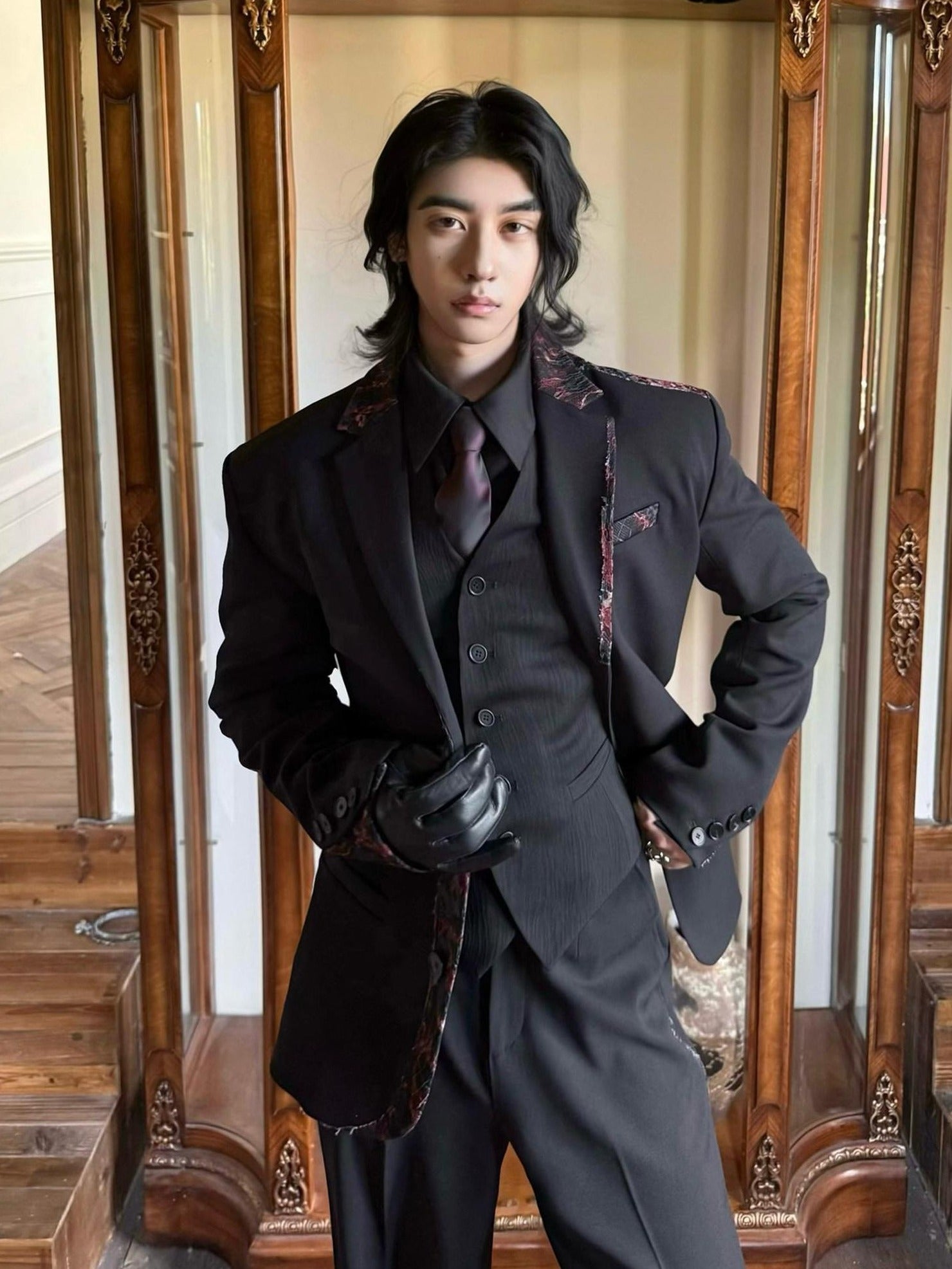 BALITONE Embroidered Patchwork Loose Fit Luxe Mens Casual Black Blazer & Trousers Sets