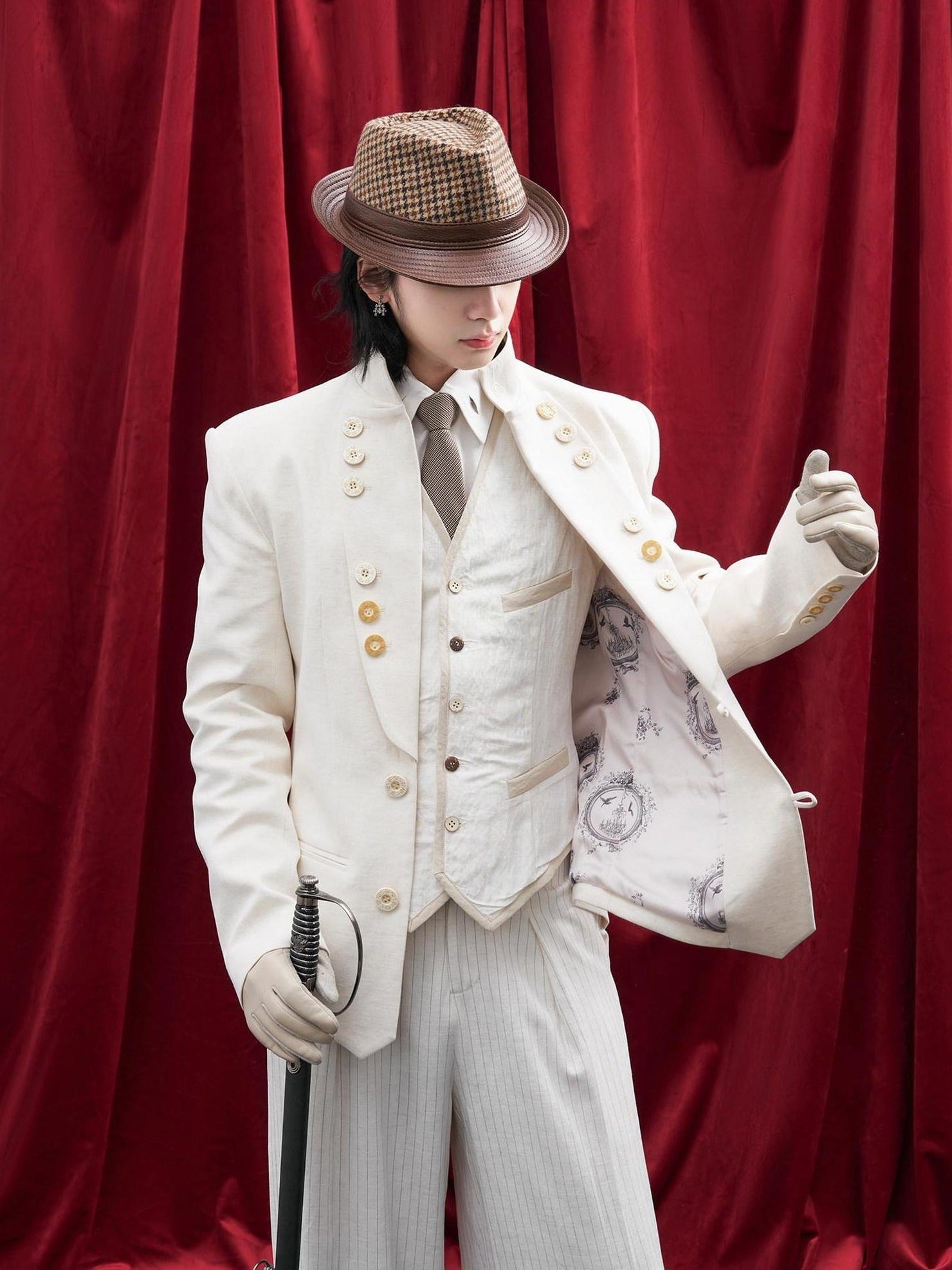 BALITONE Embroidered Slim Fit Cotton Linen Men Everyday White Hemp Mandarin-Collar Blazers