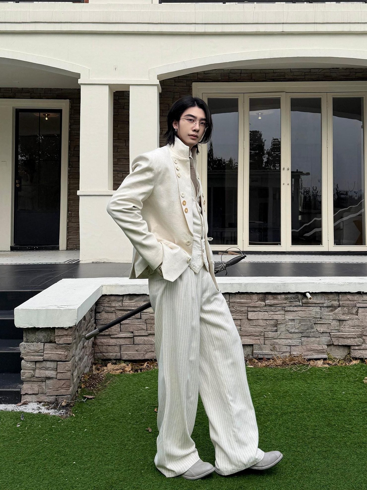 BALITONE Embroidered Slim Fit Cotton Linen Men Everyday White Hemp Mandarin-Collar Blazers