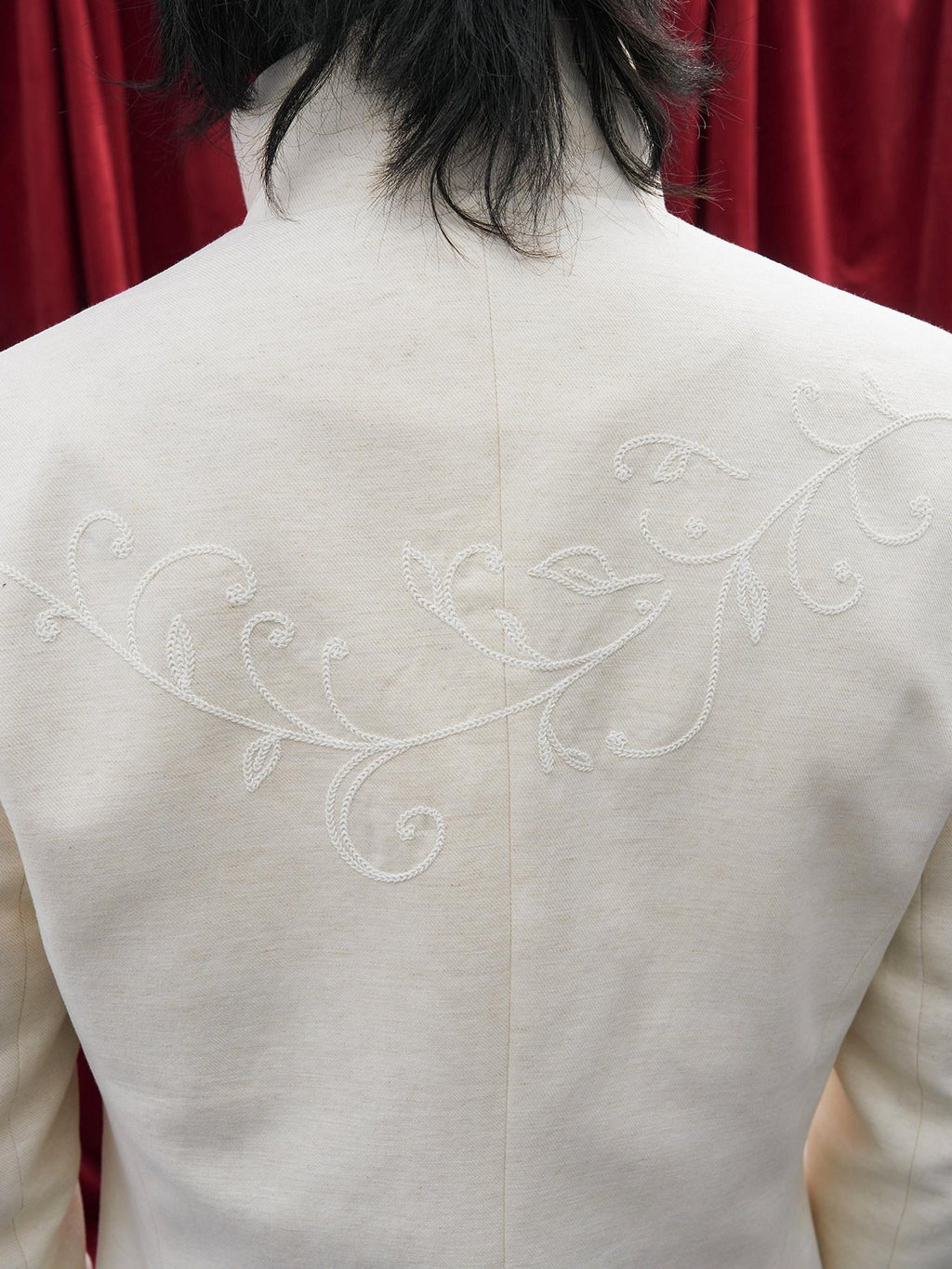 BALITONE Embroidered Slim Fit Cotton Linen Men Everyday White Hemp Mandarin-Collar Blazers