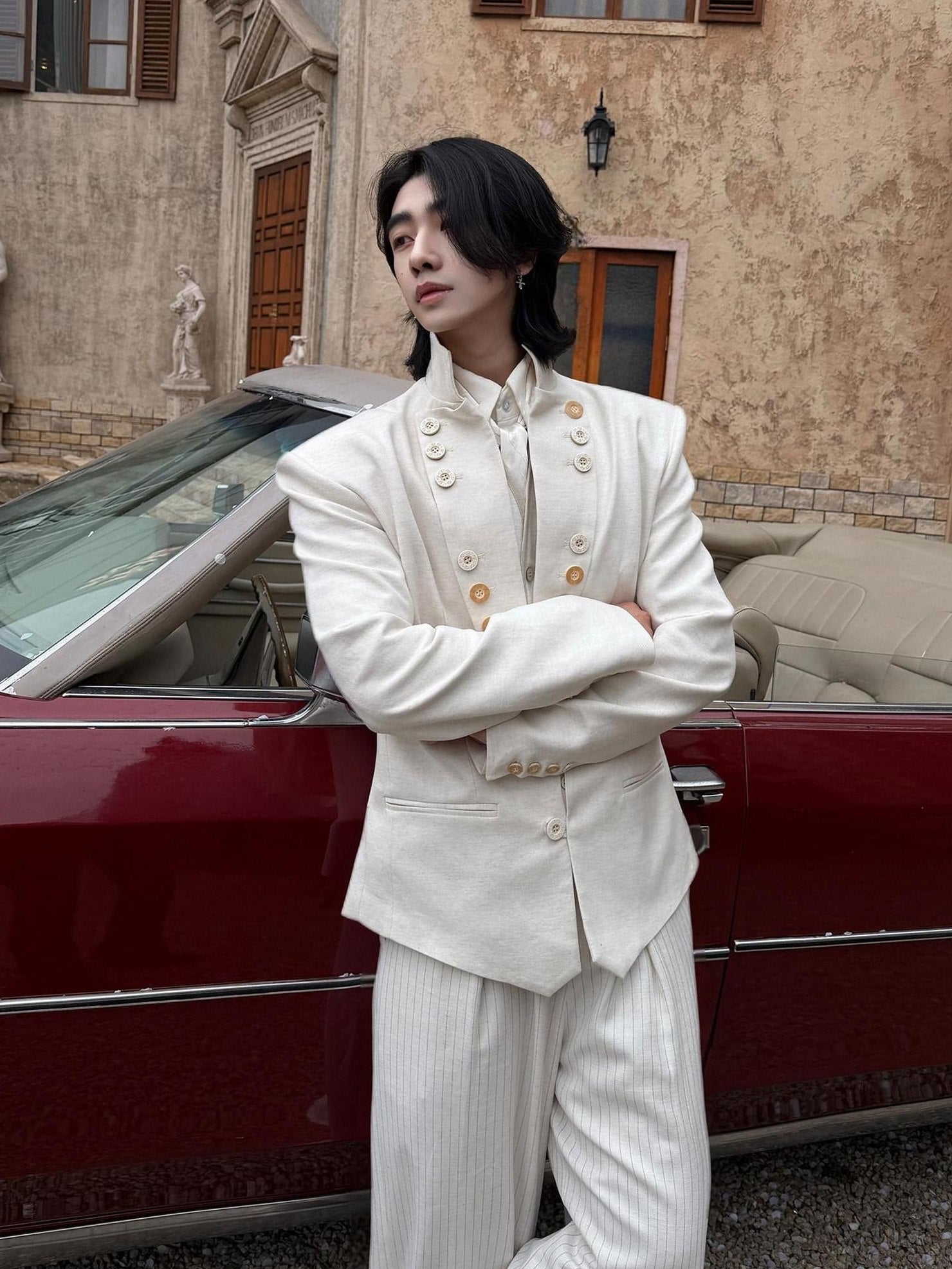 BALITONE Embroidered Slim Fit Cotton Linen Men Everyday White Hemp Mandarin-Collar Blazers