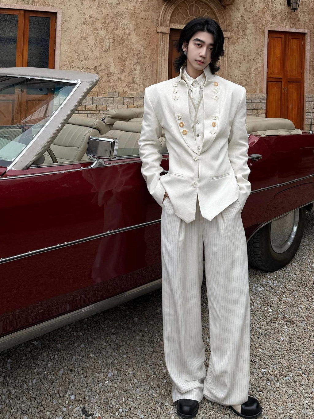 BALITONE Embroidered Slim Fit Cotton Linen Men Everyday White Hemp Mandarin-Collar Blazers