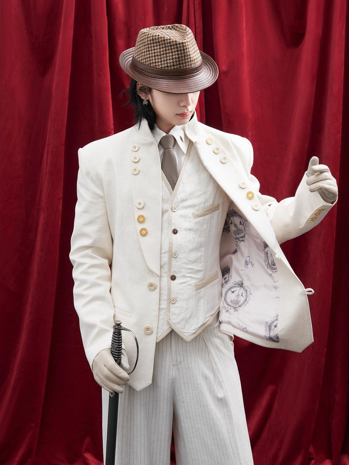 BALITONE Embroidered Slim Fit Cotton Linen Men Everyday White Hemp Mandarin-Collar Blazers