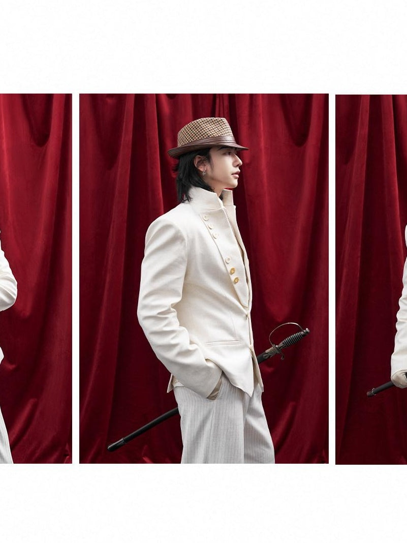BALITONE Embroidered Slim Fit Cotton Linen Men Everyday White Hemp Mandarin-Collar Blazers