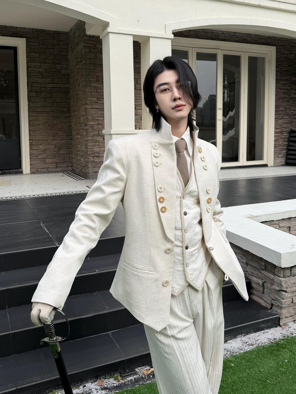 BALITONE Embroidered Slim Fit Cotton Linen Men Everyday White Hemp Mandarin-Collar Blazers