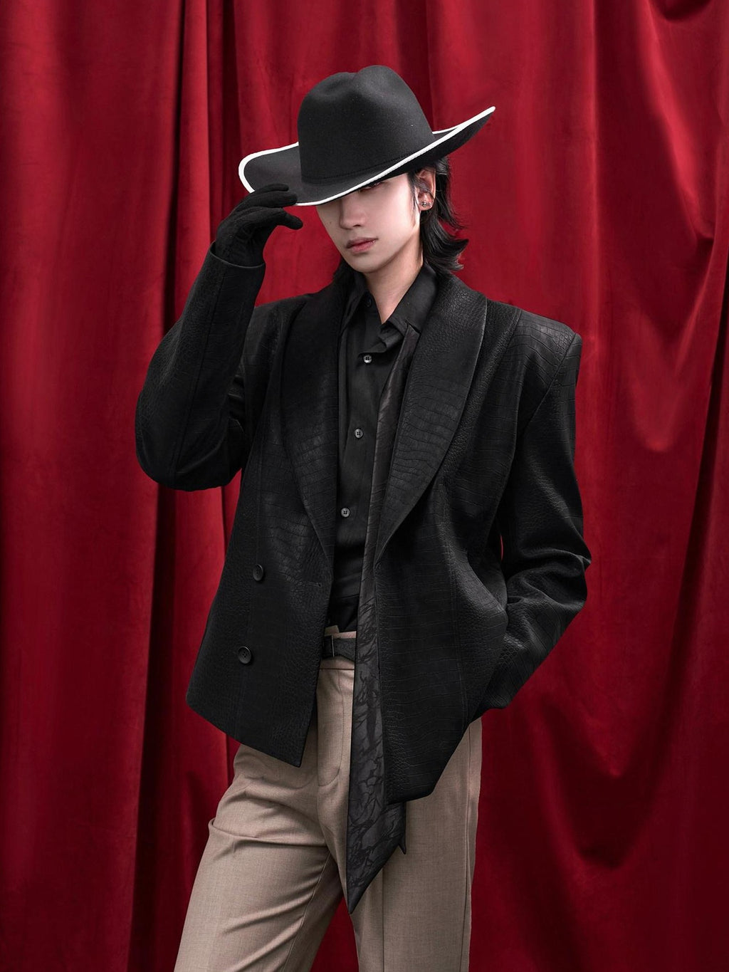 BALITONE Faux Pu Croc Slim Single Breasted Urban Black Band Collar Casual Blazers