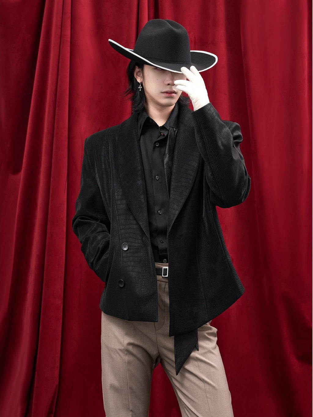 BALITONE Faux Pu Croc Slim Single Breasted Urban Black Band Collar Casual Blazers