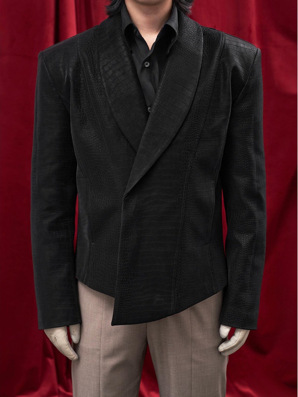 BALITONE Faux Pu Croc Slim Single Breasted Urban Black Band Collar Casual Blazers