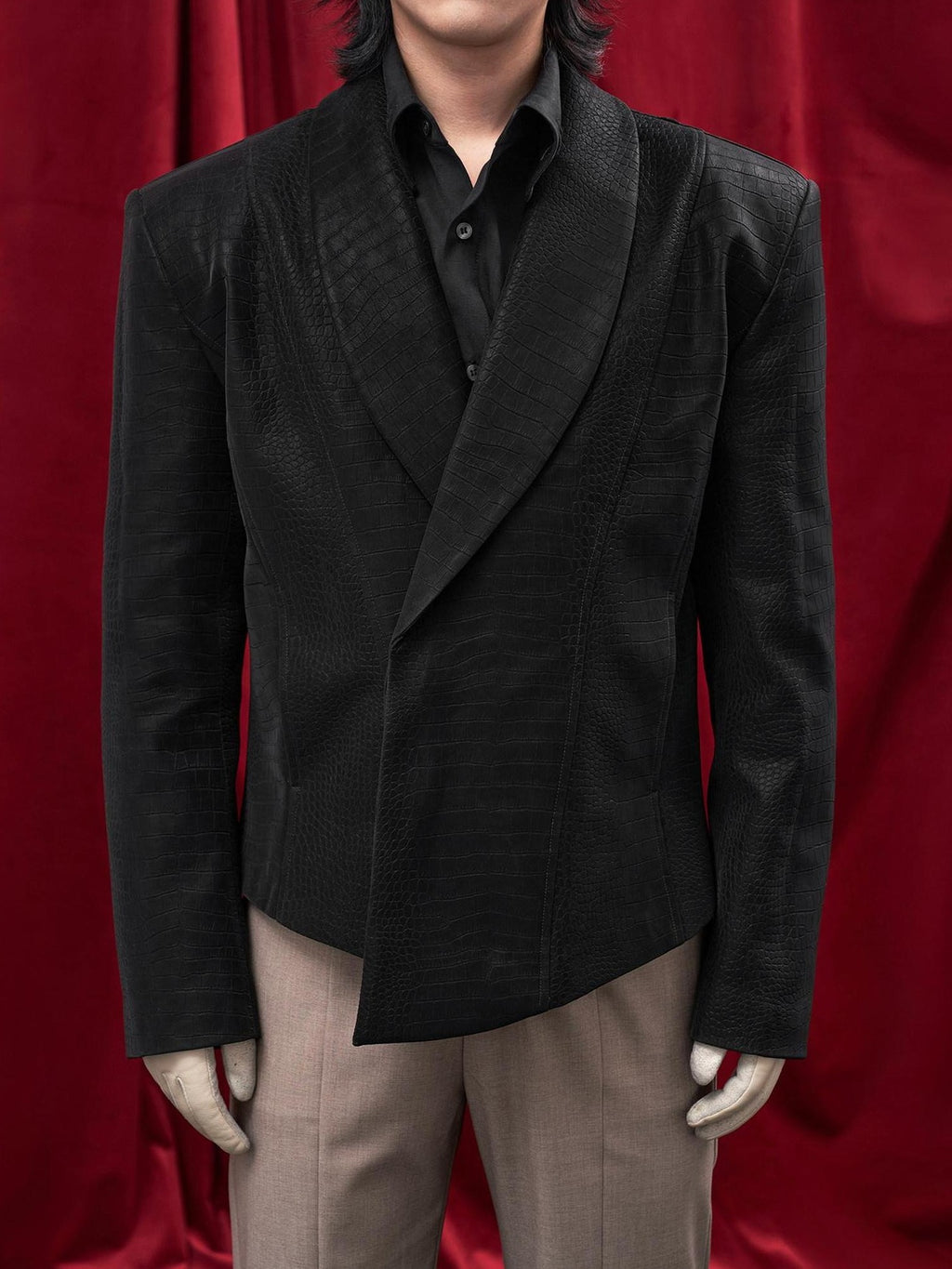 BALITONE Faux Pu Croc Slim Single Breasted Urban Black Band Collar Casual Blazers