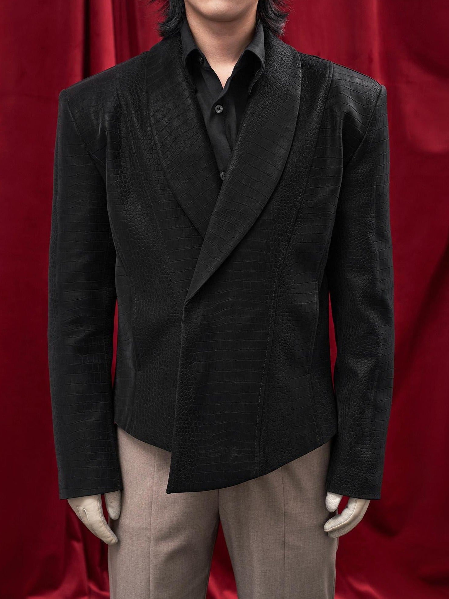 BALITONE Faux Pu Croc Slim Single Breasted Urban Black Band Collar Casual Blazers