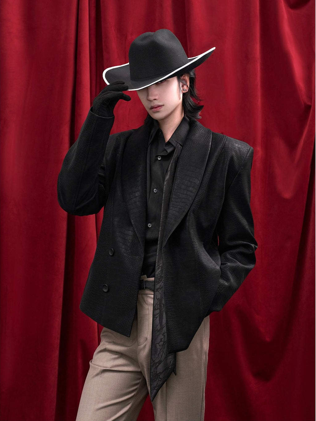 BALITONE Faux Pu Croc Slim Single Breasted Urban Black Band Collar Casual Blazers