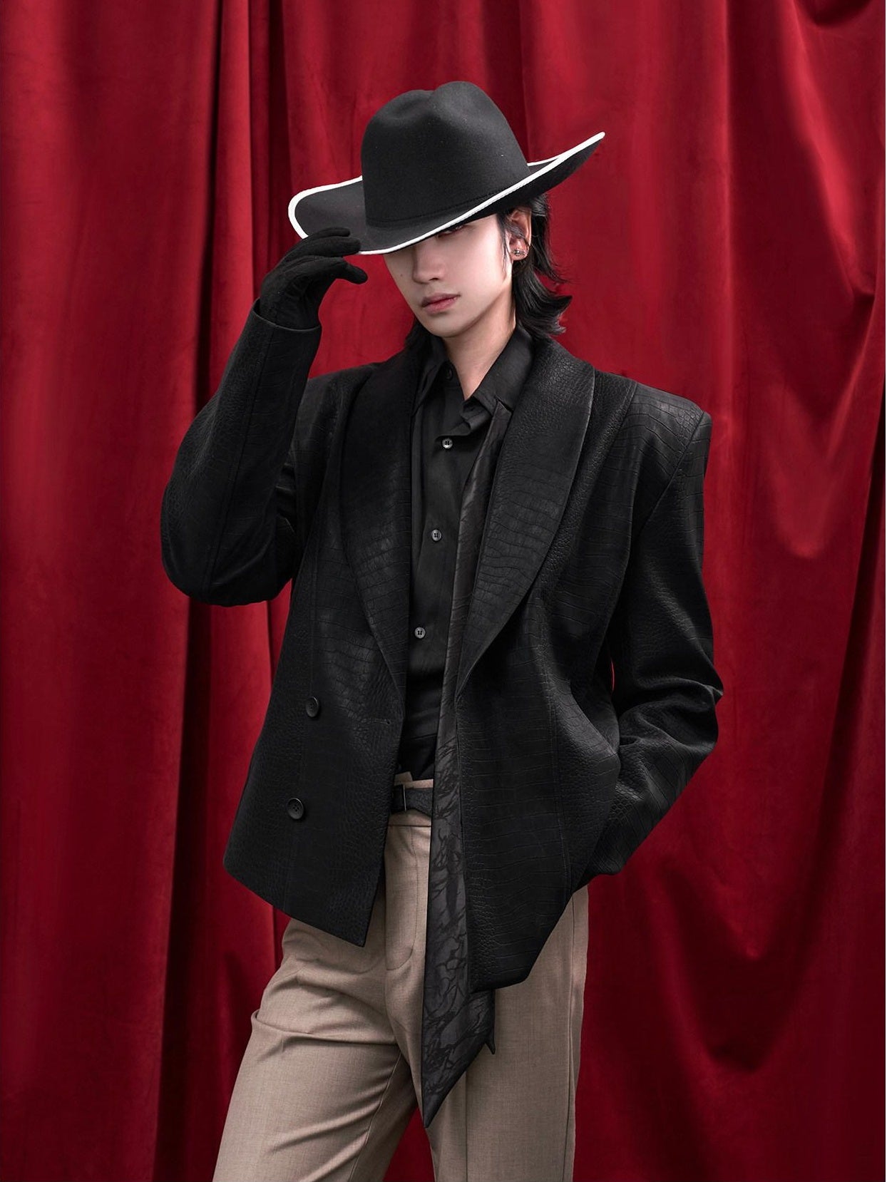 BALITONE Faux Pu Croc Slim Single Breasted Urban Black Band Collar Casual Blazers