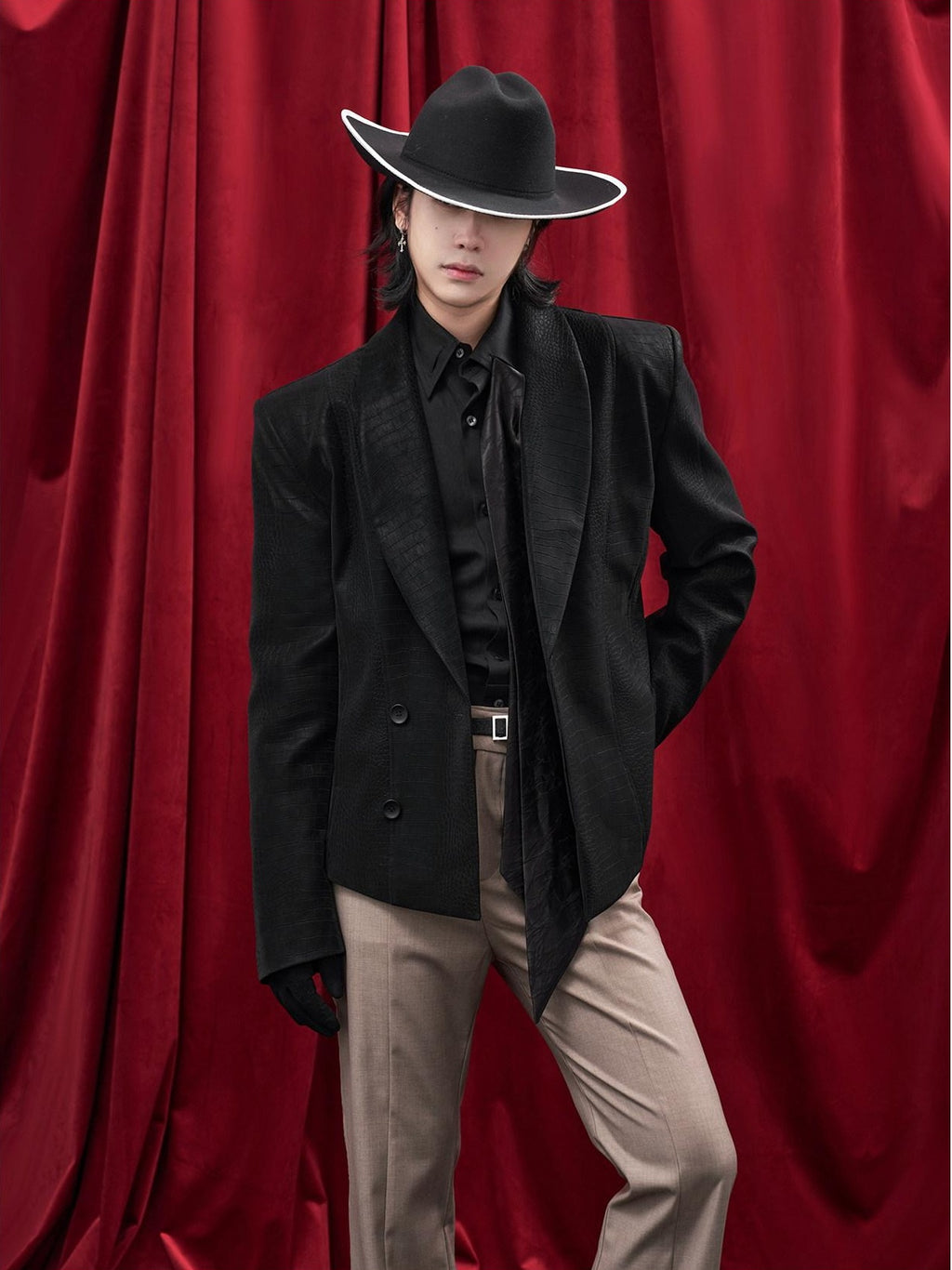 BALITONE Faux Pu Croc Slim Single Breasted Urban Black Band Collar Casual Blazers