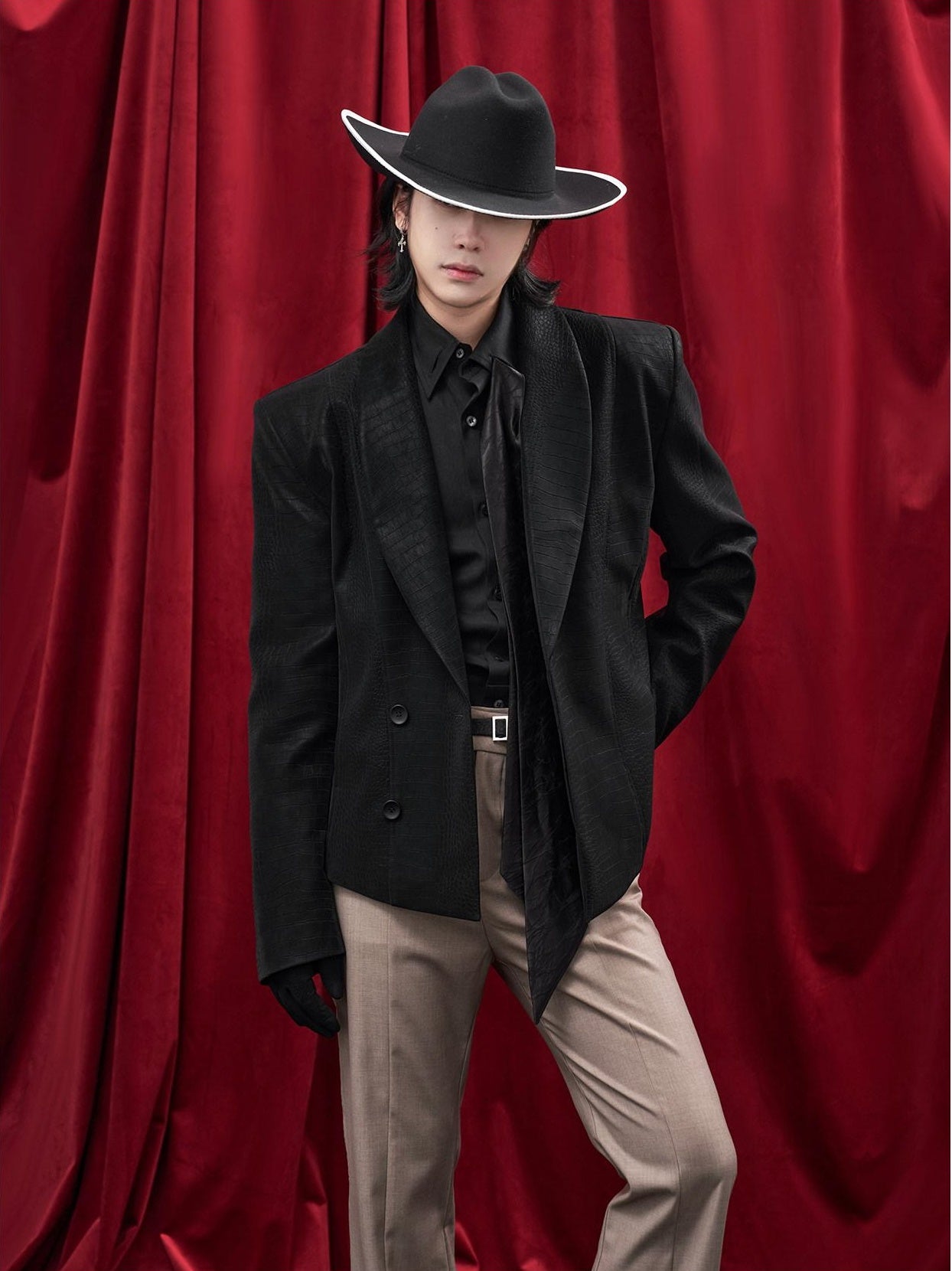 BALITONE Faux Pu Croc Slim Single Breasted Urban Black Band Collar Casual Blazers