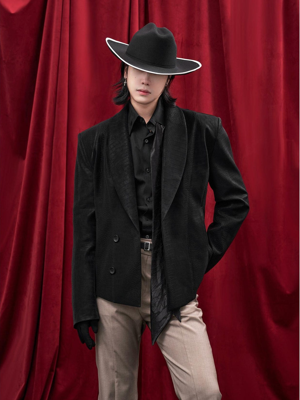 BALITONE Faux Pu Croc Slim Single Breasted Urban Black Band Collar Casual Blazers