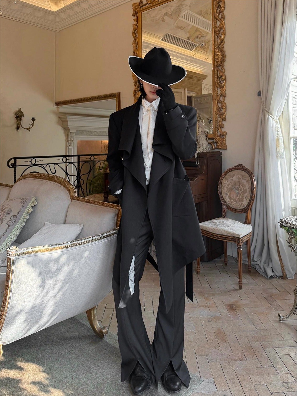 BALITONE Hand Painted Tie Waist Loose Fit Angled Hem Mens Polycotton Mid Length Overcoats