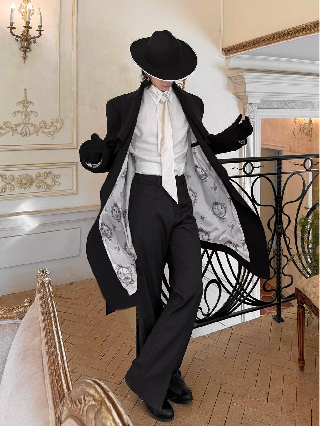 BALITONE Hand Painted Tie Waist Loose Fit Angled Hem Mens Polycotton Mid Length Overcoats