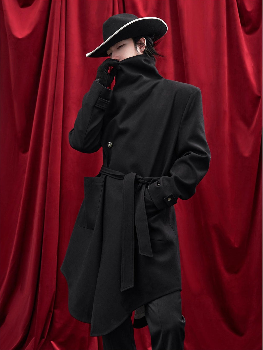 BALITONE Hand Painted Tie Waist Loose Fit Angled Hem Mens Polycotton Mid Length Overcoats