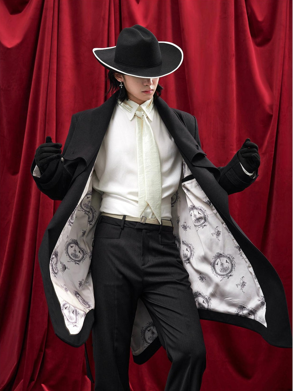 BALITONE Hand Painted Tie Waist Loose Fit Angled Hem Mens Polycotton Mid Length Overcoats