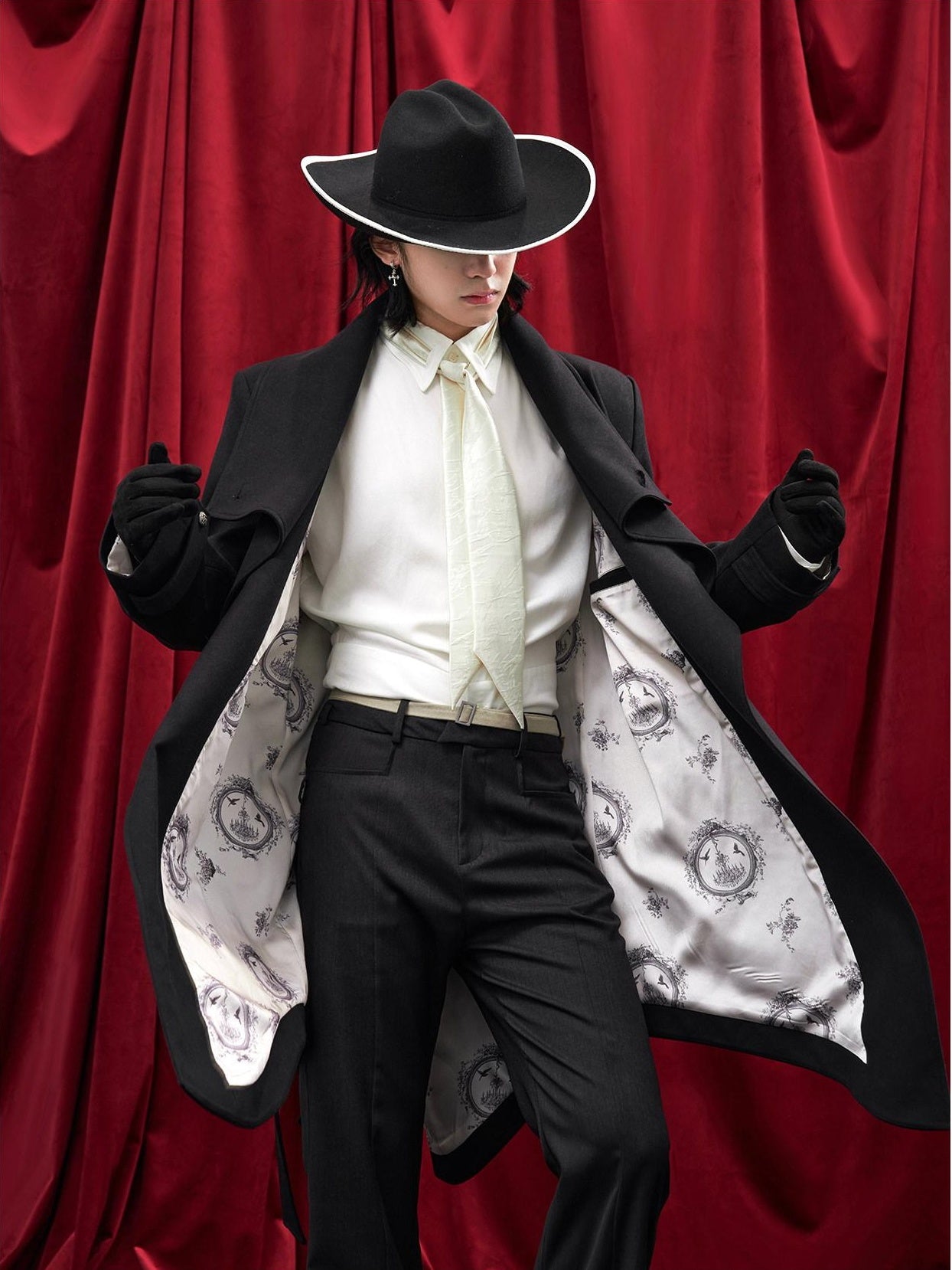 BALITONE Hand Painted Tie Waist Loose Fit Angled Hem Mens Polycotton Mid Length Overcoats