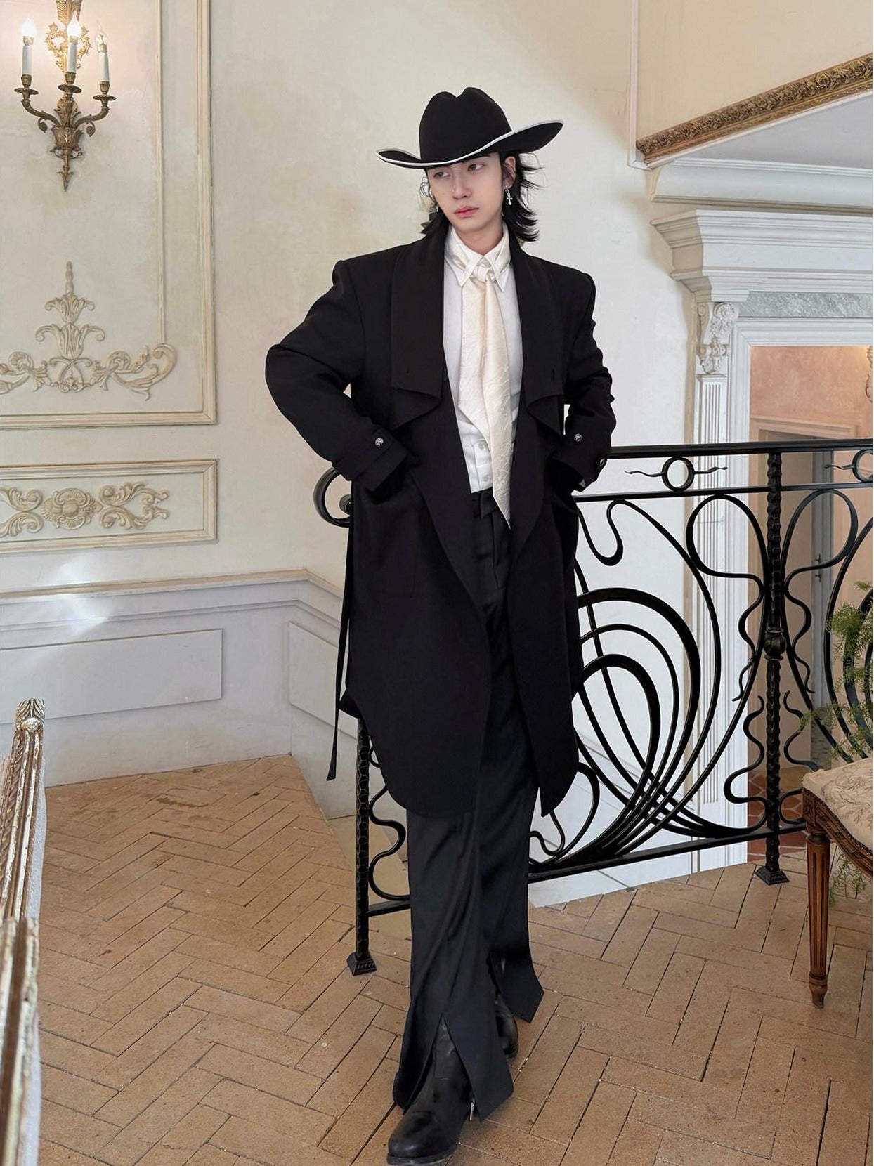 BALITONE Hand Painted Tie Waist Loose Fit Angled Hem Mens Polycotton Mid Length Overcoats
